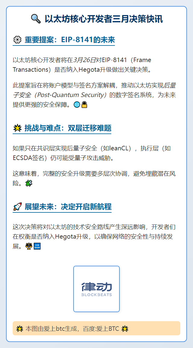 以太坊核心开发者3月26日决定EIP-8141是否入Hego