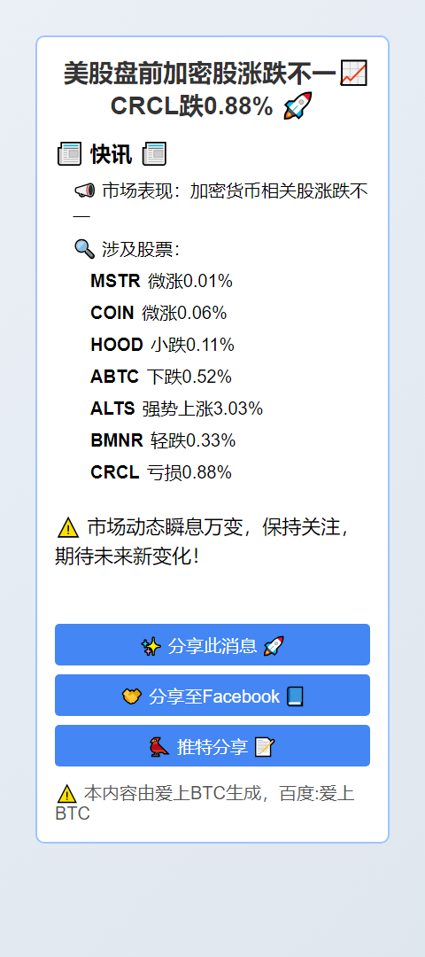美股盘前加密股涨跌不一，CRCL跌0.88%