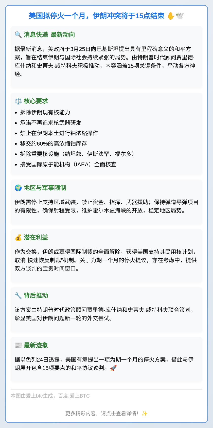 美国拟停火一个月，伊朗冲突将于15点结束