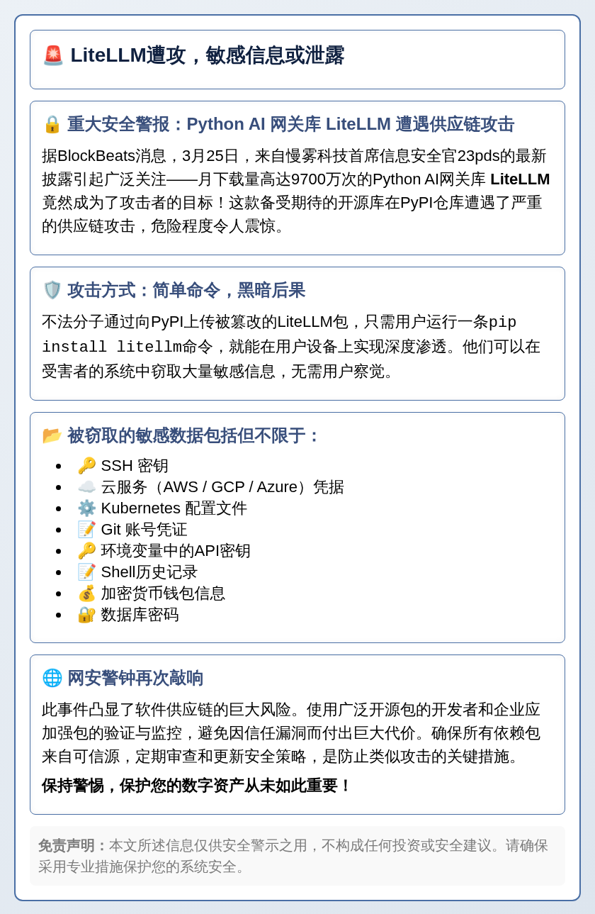 LiteLLM遭攻，敏感信息或泄露