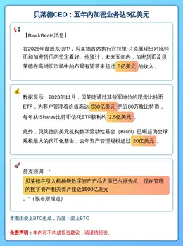 贝莱德CEO：五年内加密业务达5亿美元