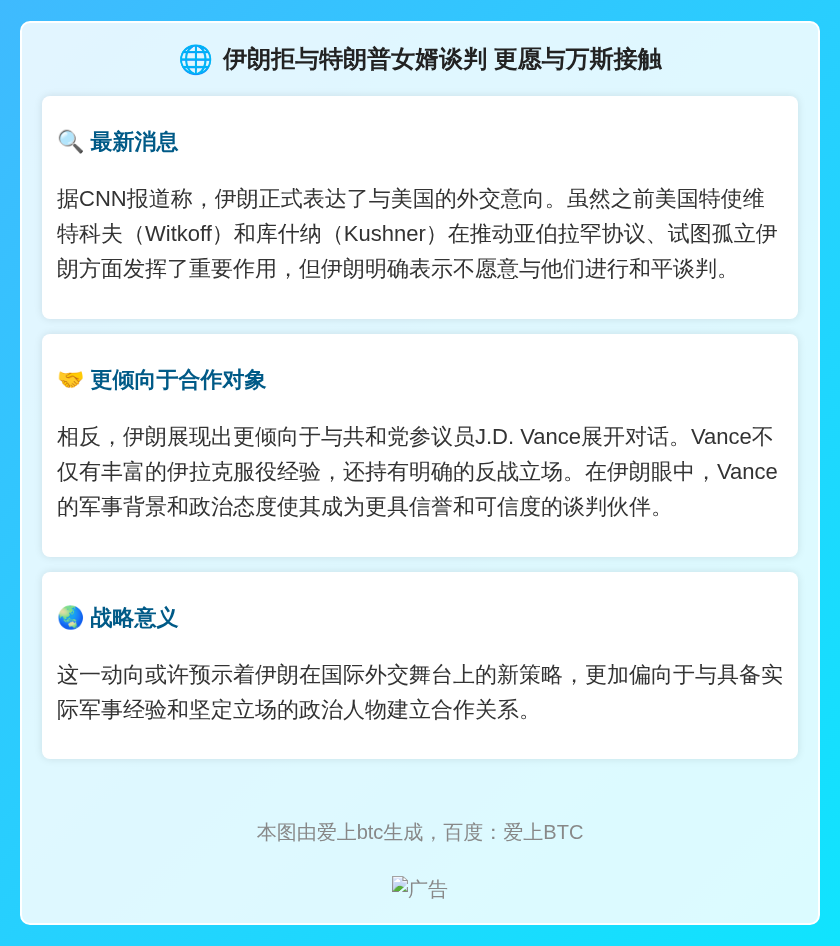 伊朗拒与特朗普女婿谈判 更愿与万斯接触