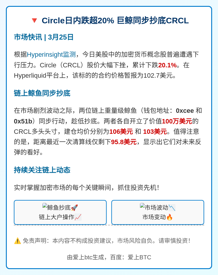 Circle日内跌超20% 巨鲸同步抄底CRCL