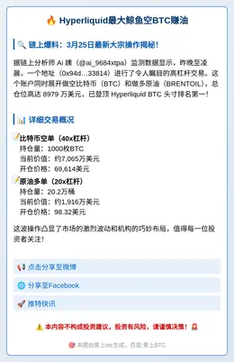 Hyperliquid最大鲸鱼空BTC赚油