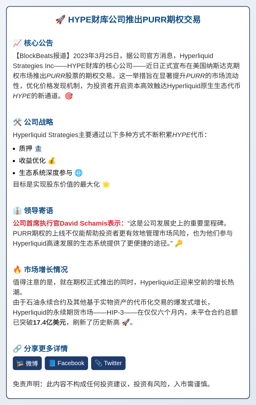 HYPE财库公司推出PURR期权交易