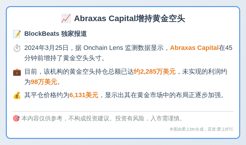 Abraxas Capital增持黄金空头