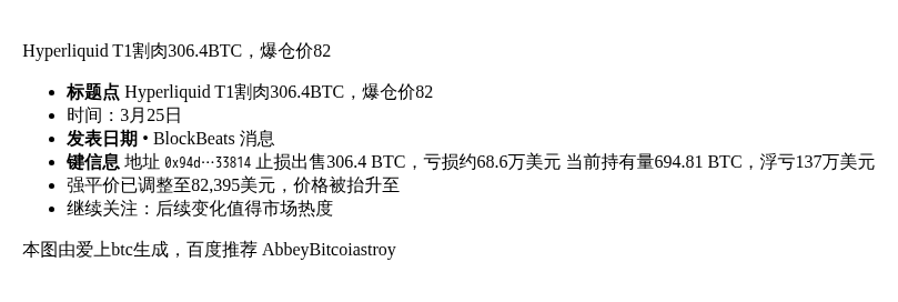 Hyperliquid T1割肉306.4BTC，爆仓价82