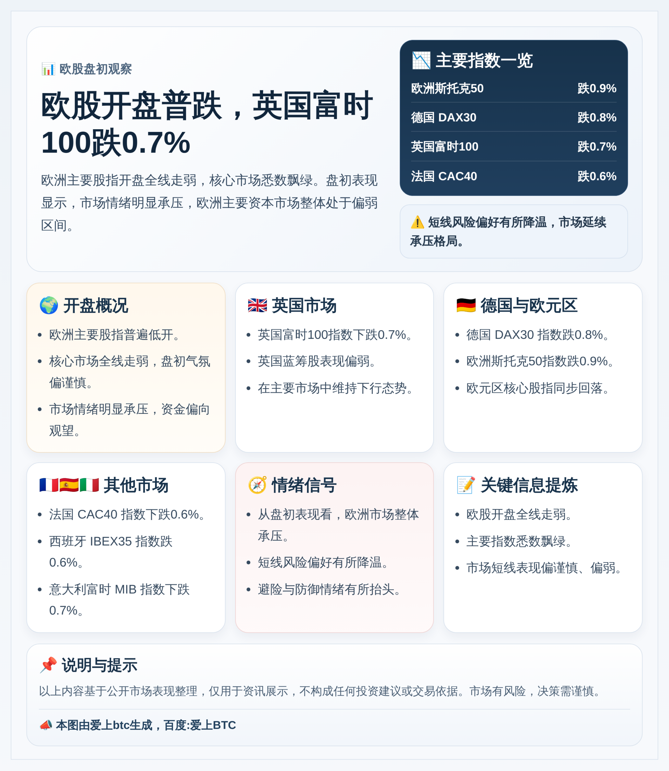 欧股开盘普跌，英国富时100跌0.7%