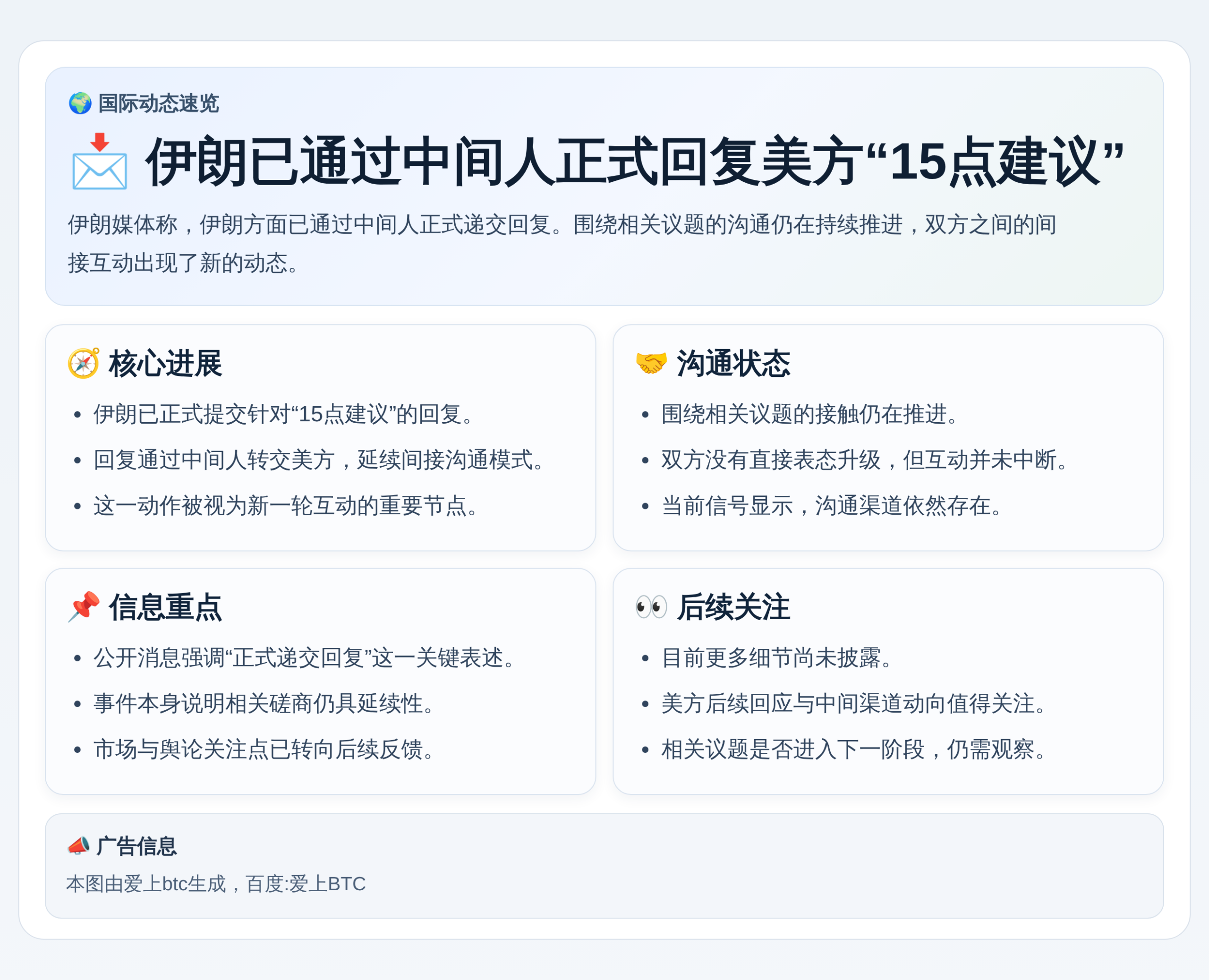 伊朗昨晚经中间人正式回复美方15点建议