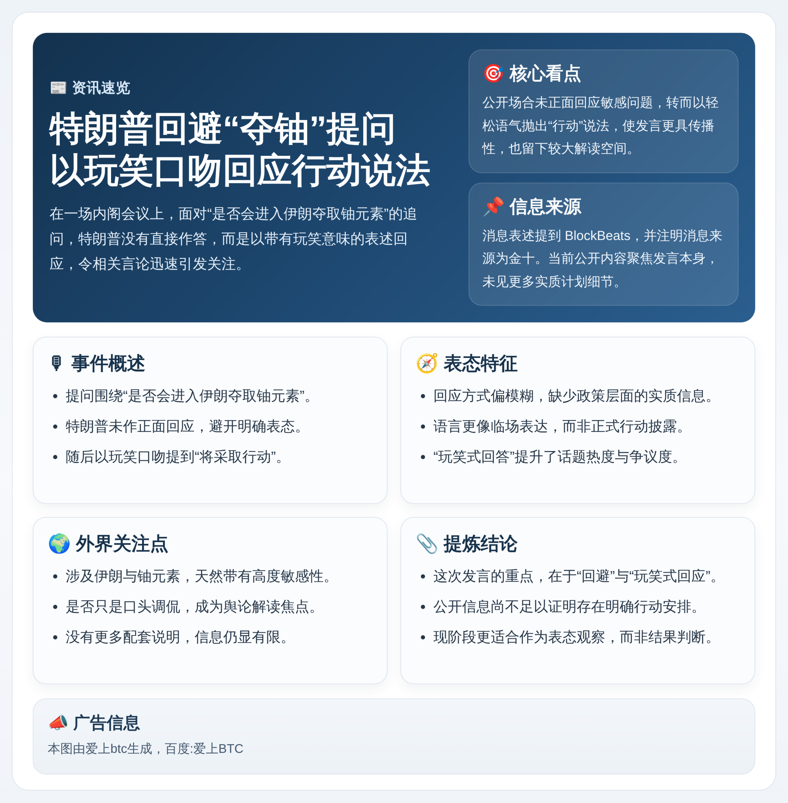 特朗普回避夺铀计划，笑称明午三点行动