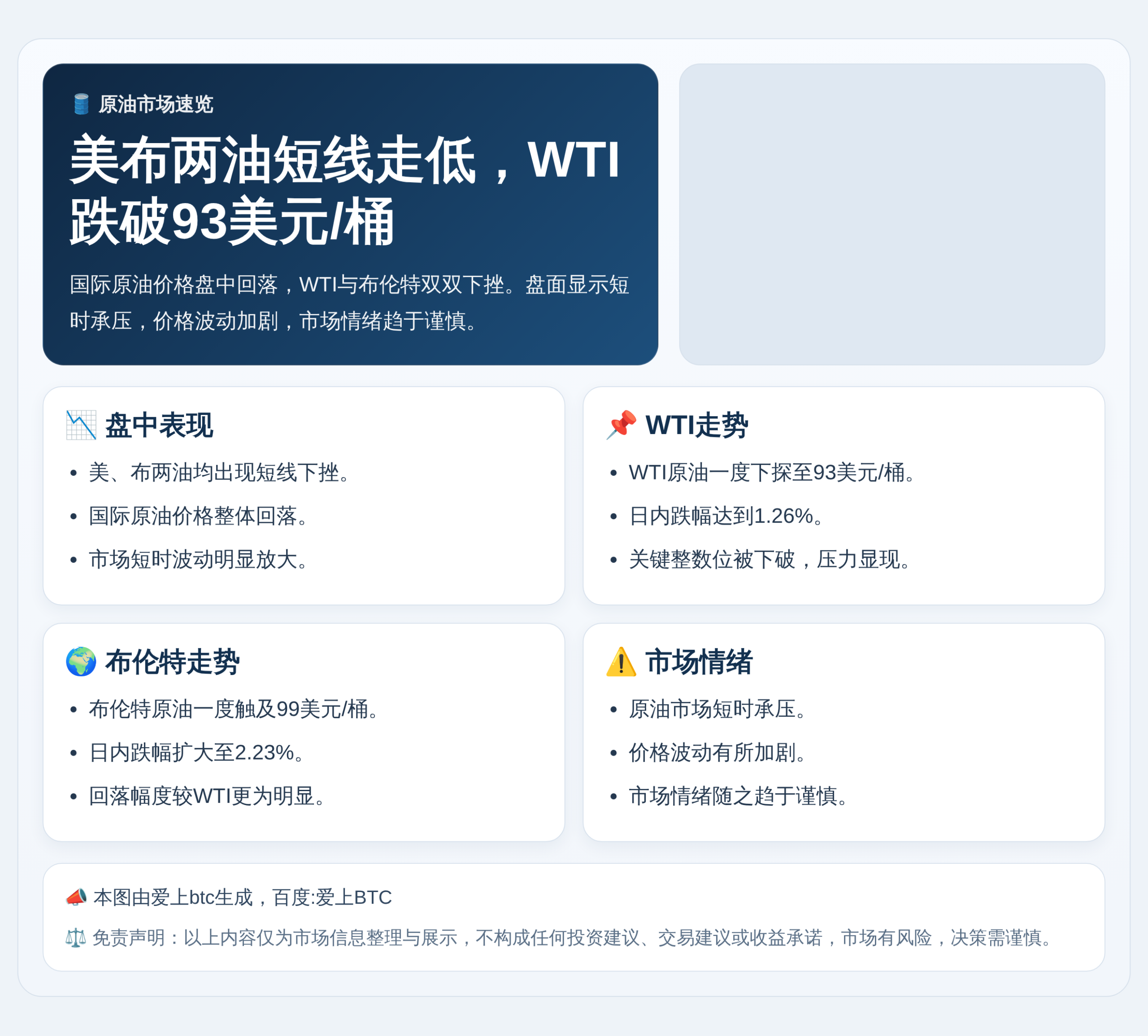 美布两油短线走低，WTI跌破93美元/桶
