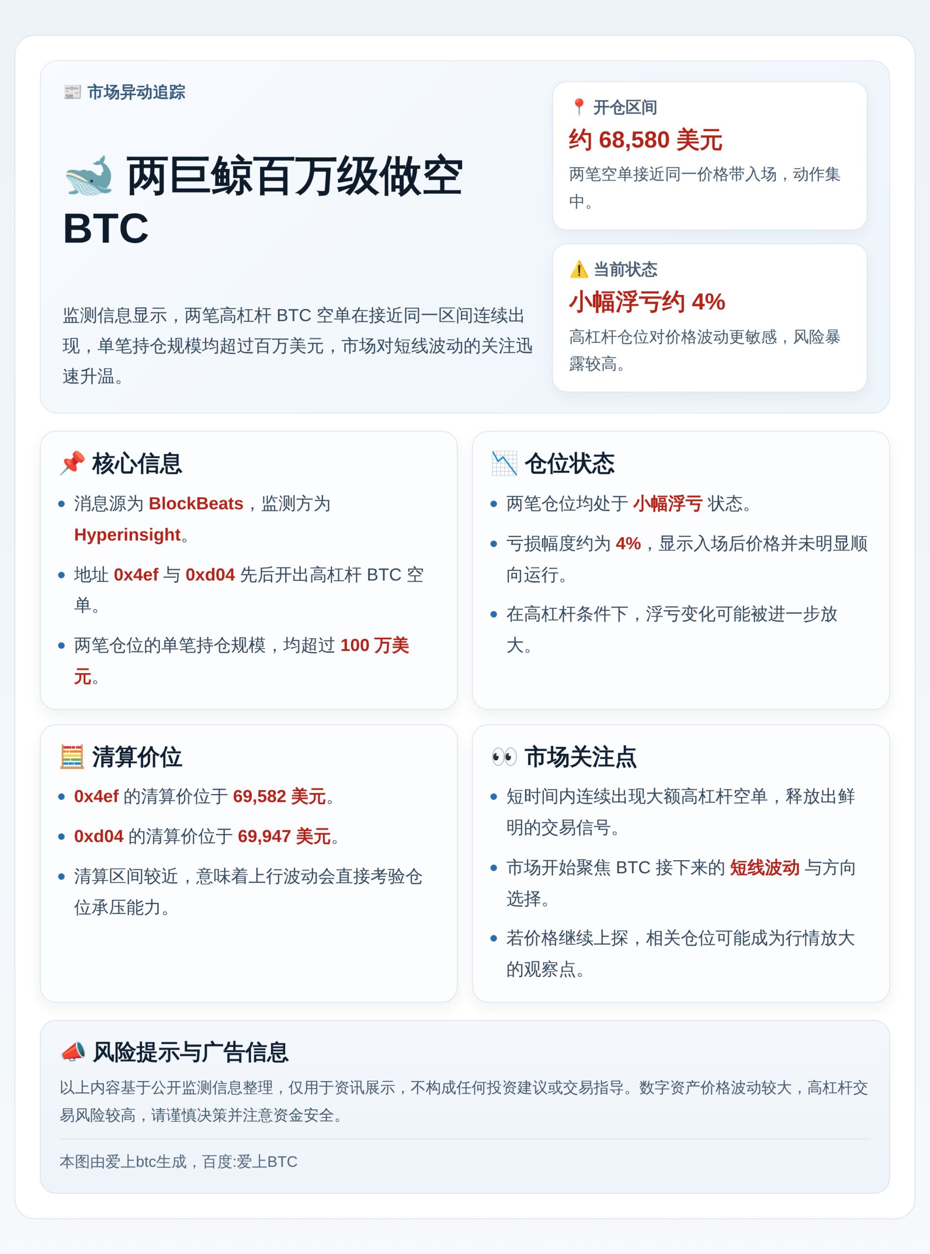 两巨鲸百万级做空BTC