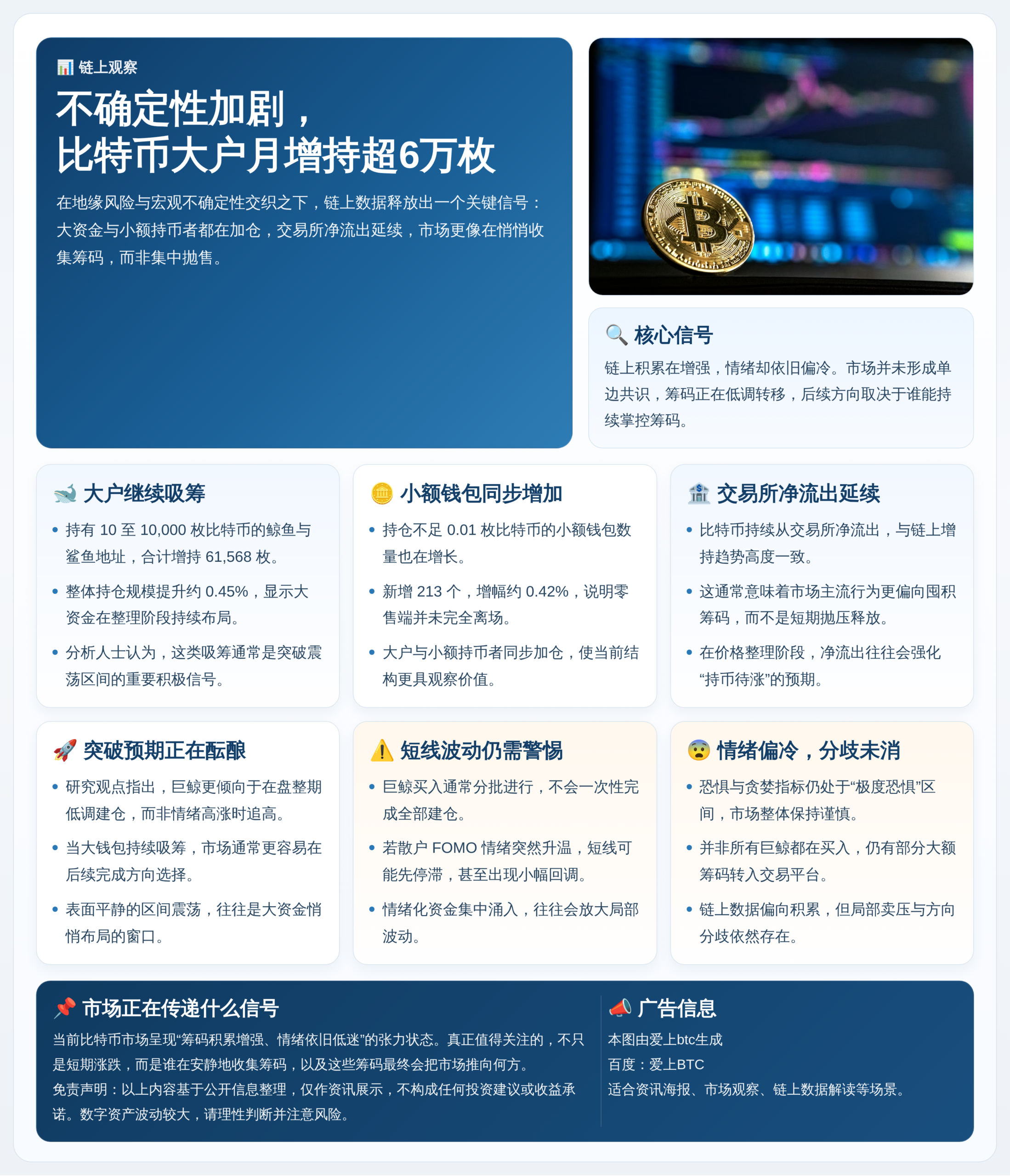 不确定性加剧，比特币大户月增持超6万枚