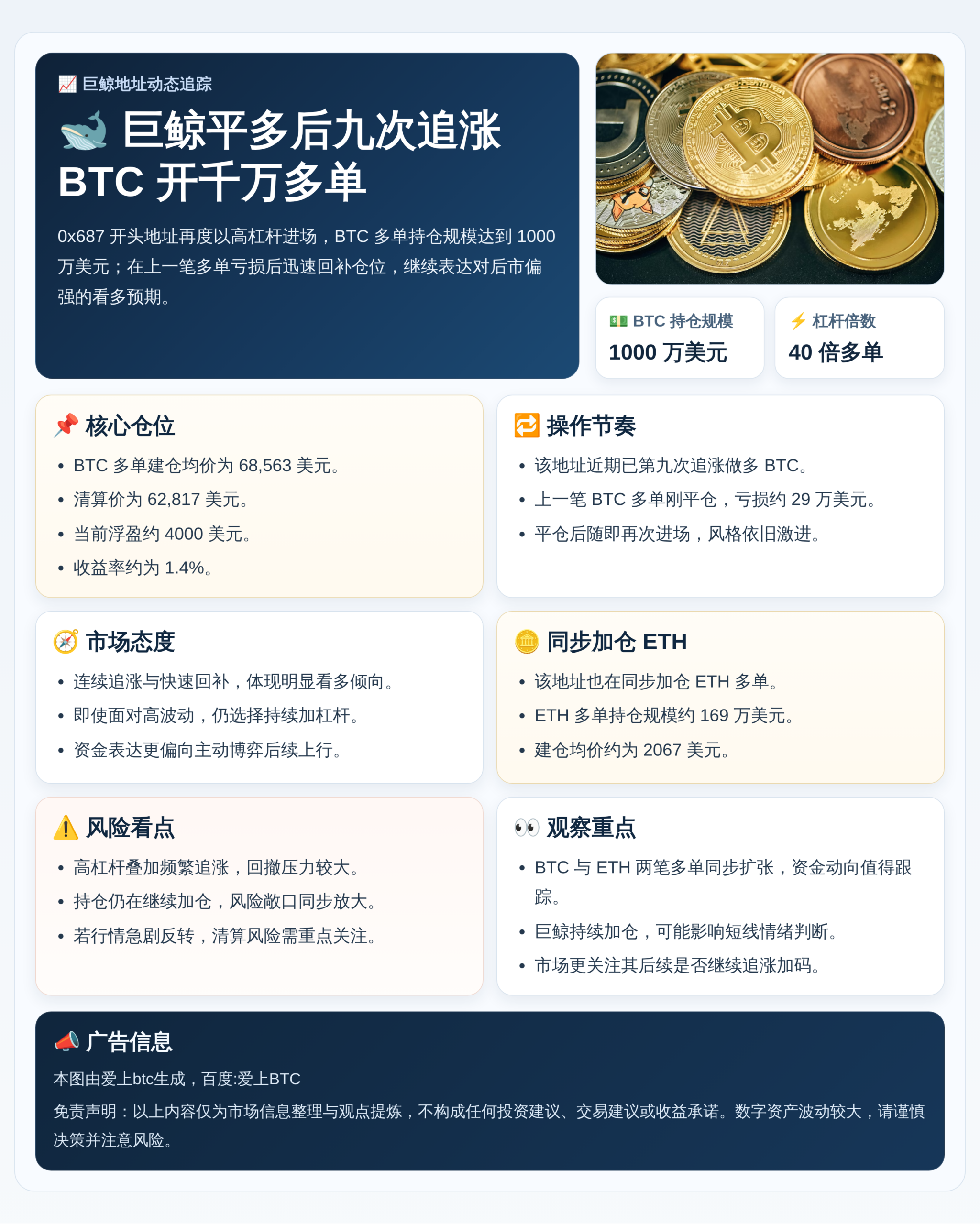 巨鲸平多后九次追涨BTC开千万多单