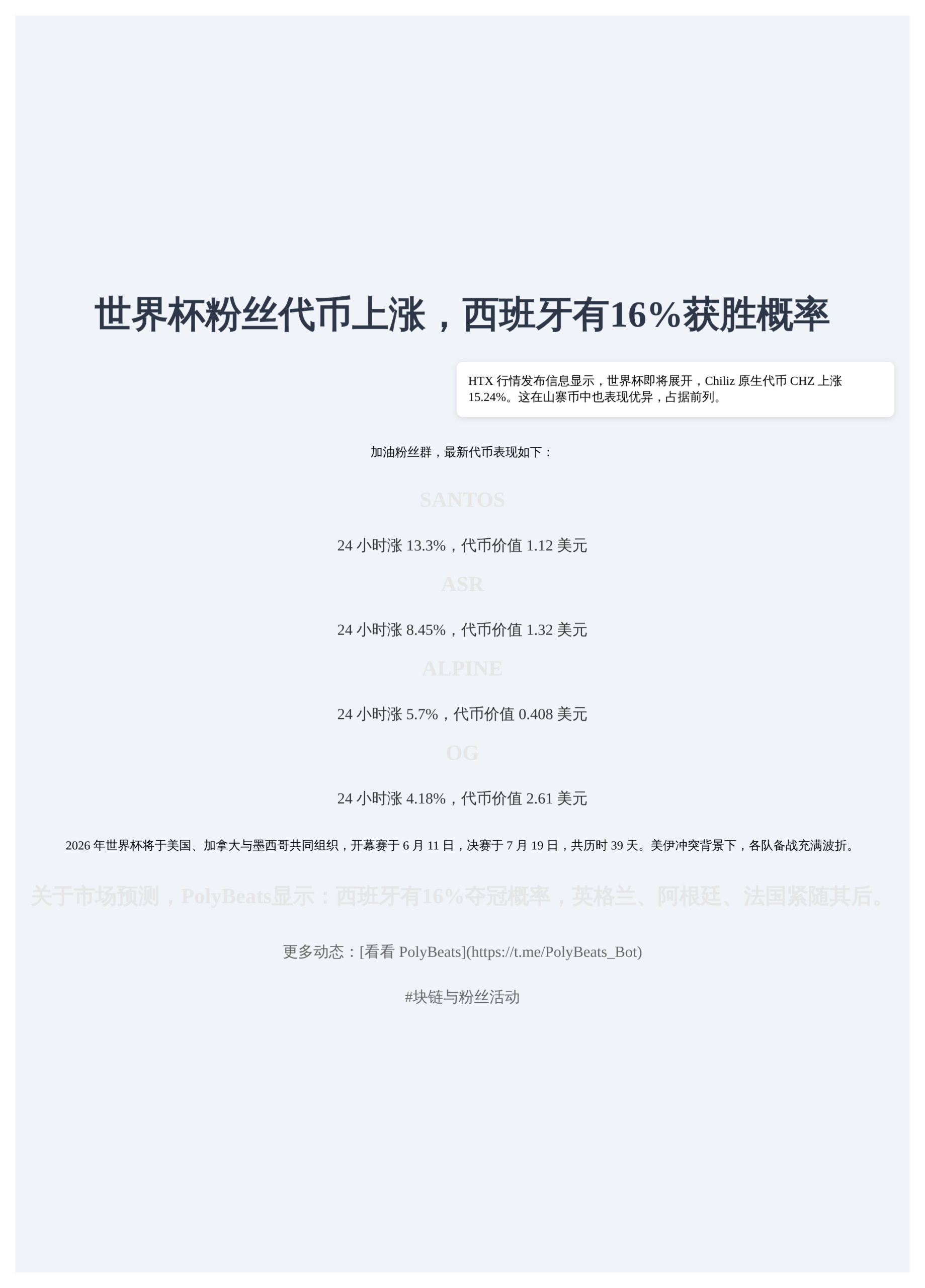 世界杯粉丝代币上涨，西班牙有16%获胜概率