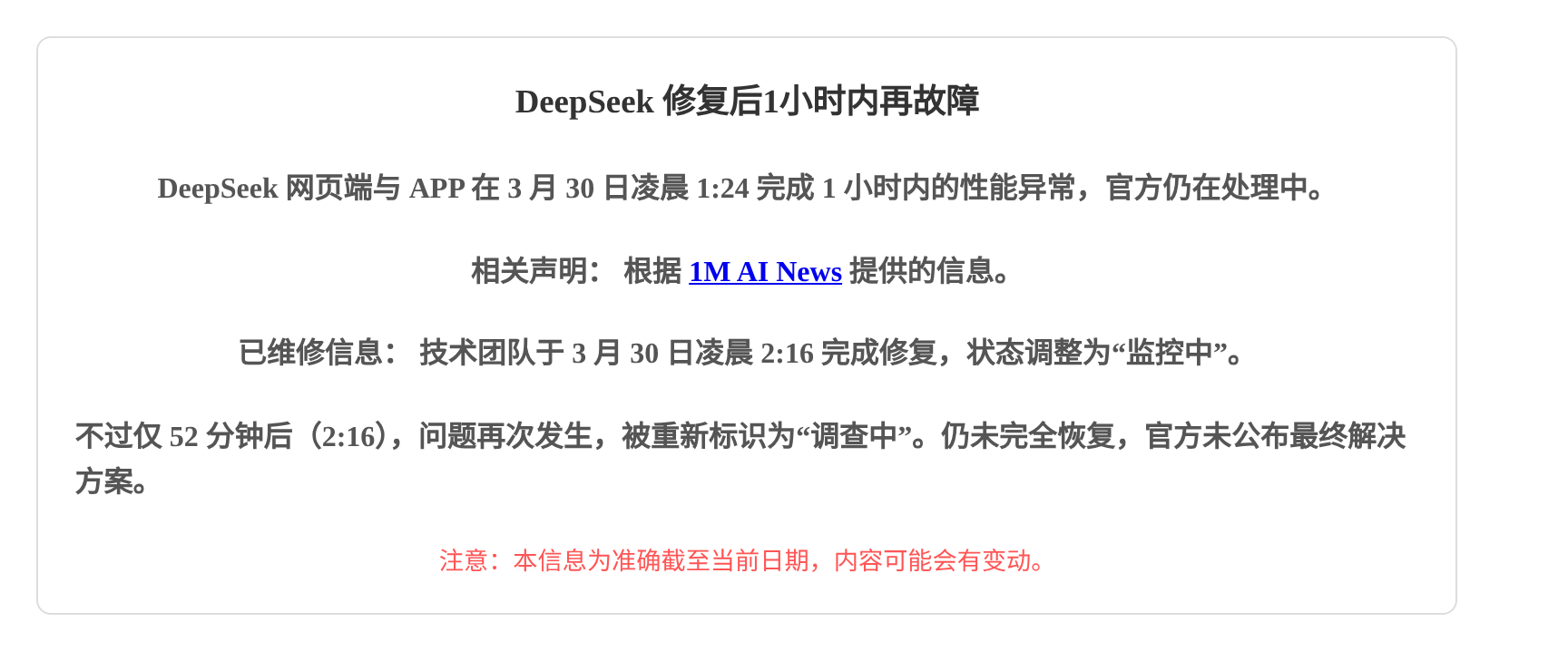 DeepSeek修复后1小时内再故障