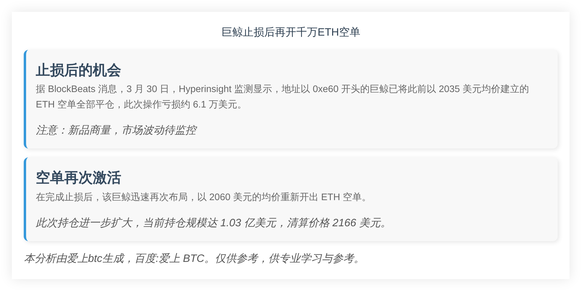 巨鲸止损后再开千万ETH空单