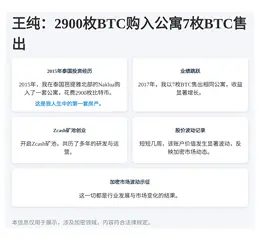 王纯：2900枚BTC购入公寓7枚BTC售出