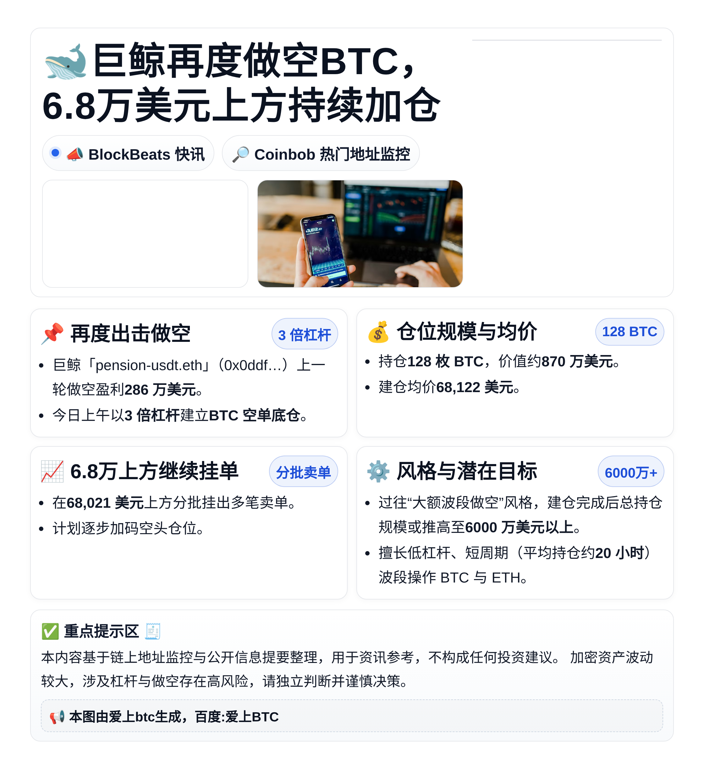 巨鲸再度做空BTC，6.8万美元上方持续加仓