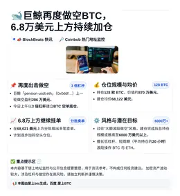 巨鲸再度做空BTC，6.8万美元上方持续加仓
