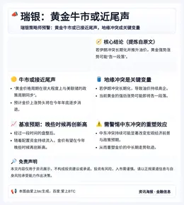 瑞银：黄金牛市或近尾声