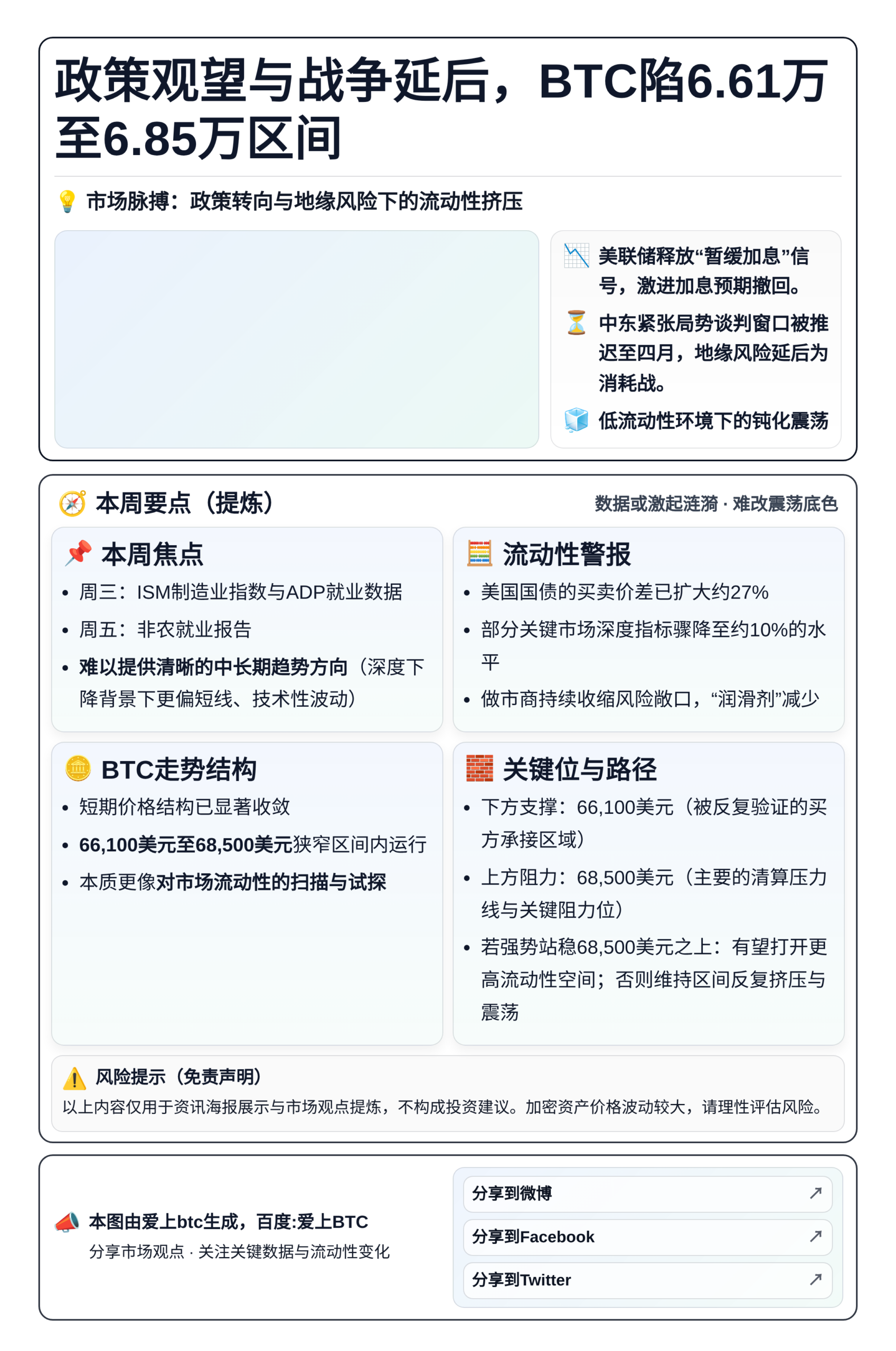 政策观望与战争延后，BTC陷6.61万至6.85万区间