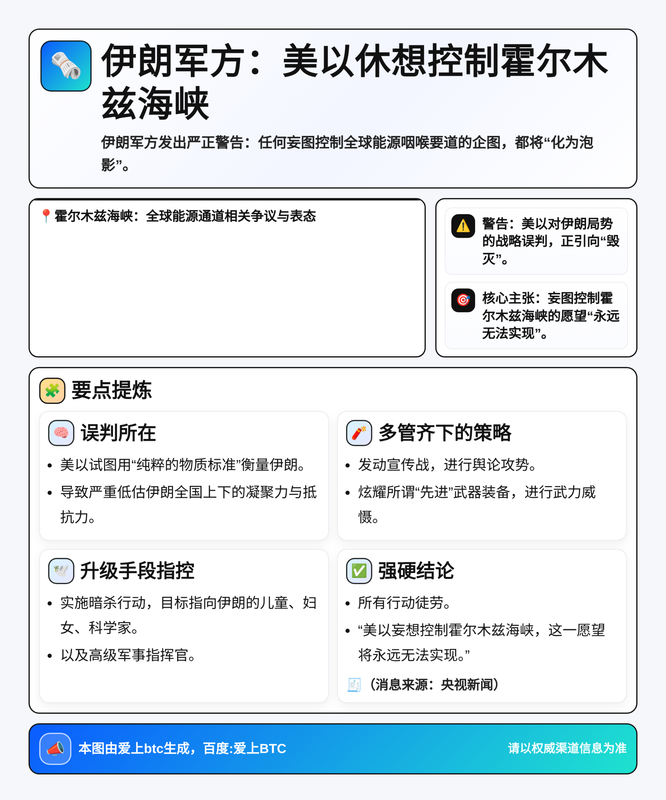 伊朗军方：美以休想控制霍尔木兹海峡