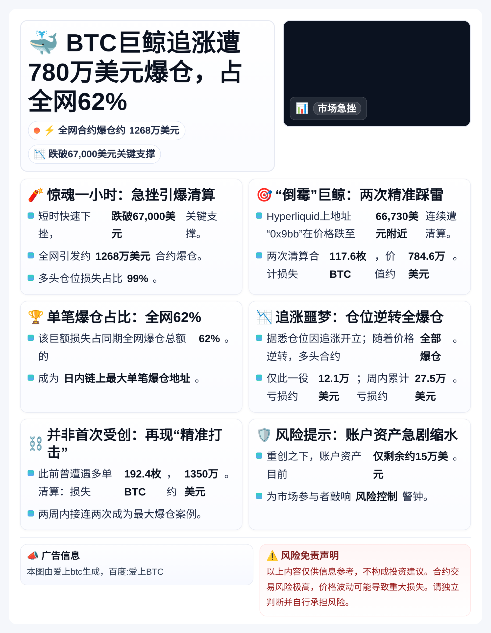BTC巨鲸追涨遭780万美元爆仓，占全网62%
