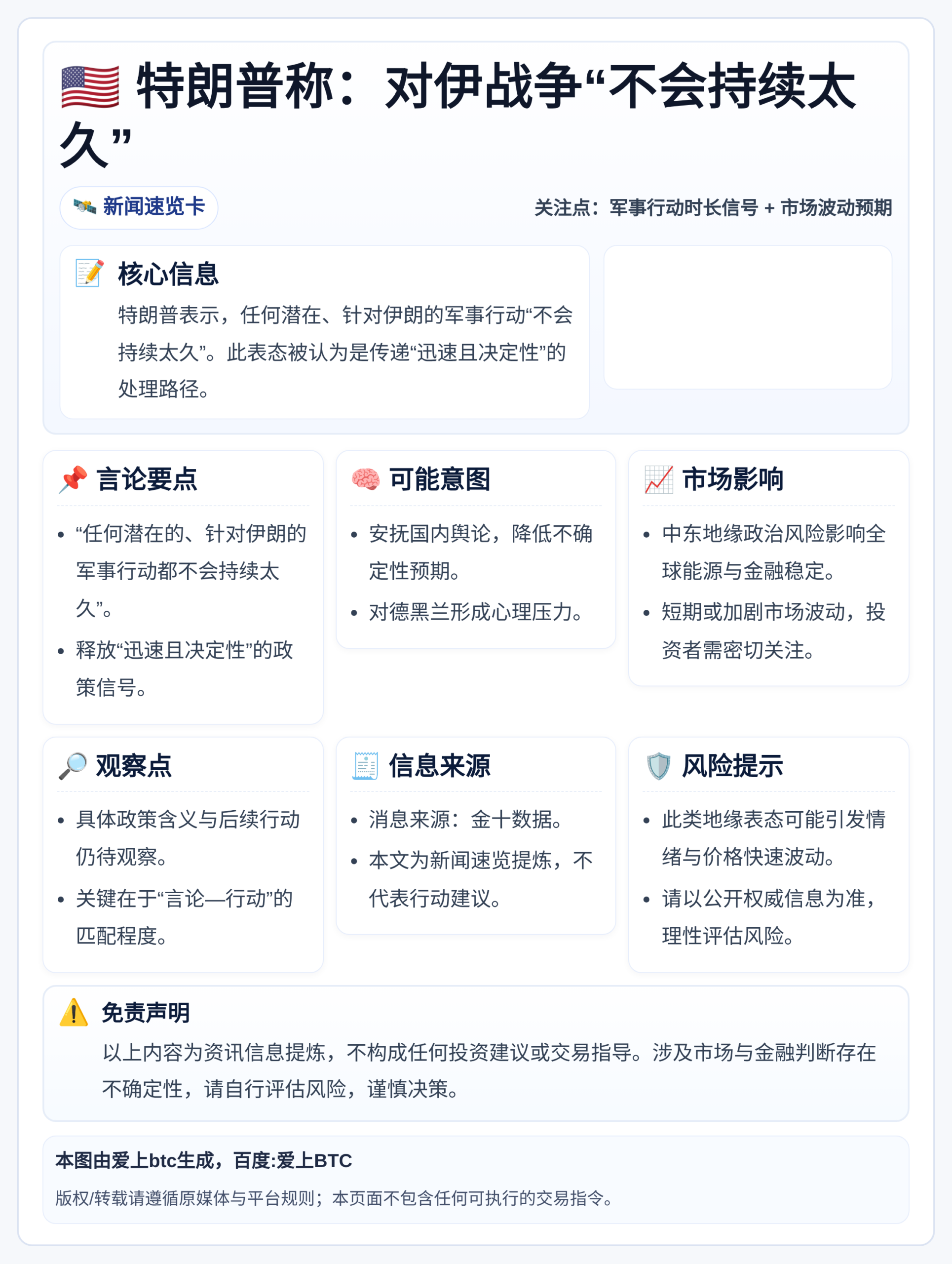特朗普称对伊战争将速战速决