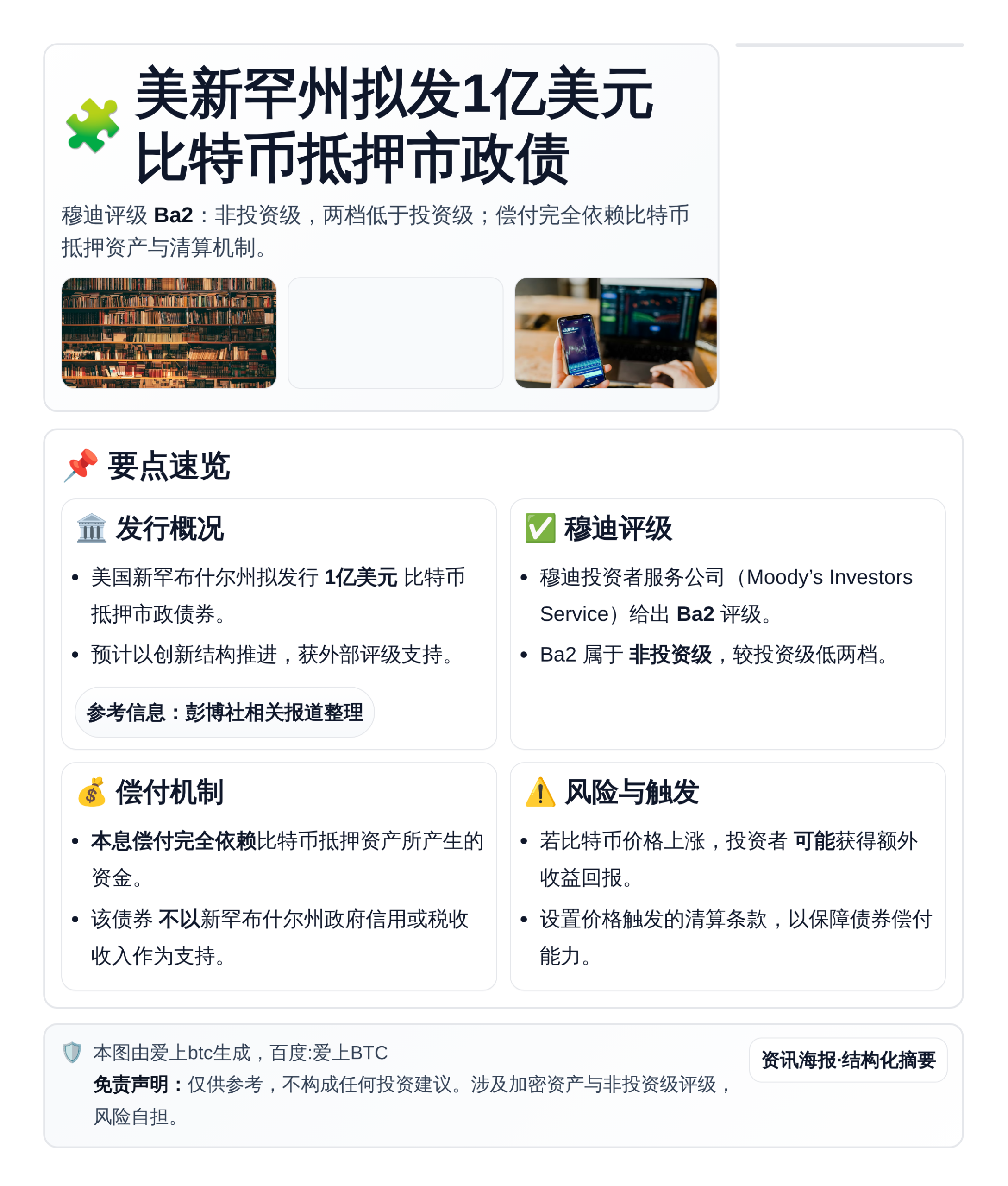 美新罕州拟发1亿美元比特币抵押市政债 穆迪评级Ba2