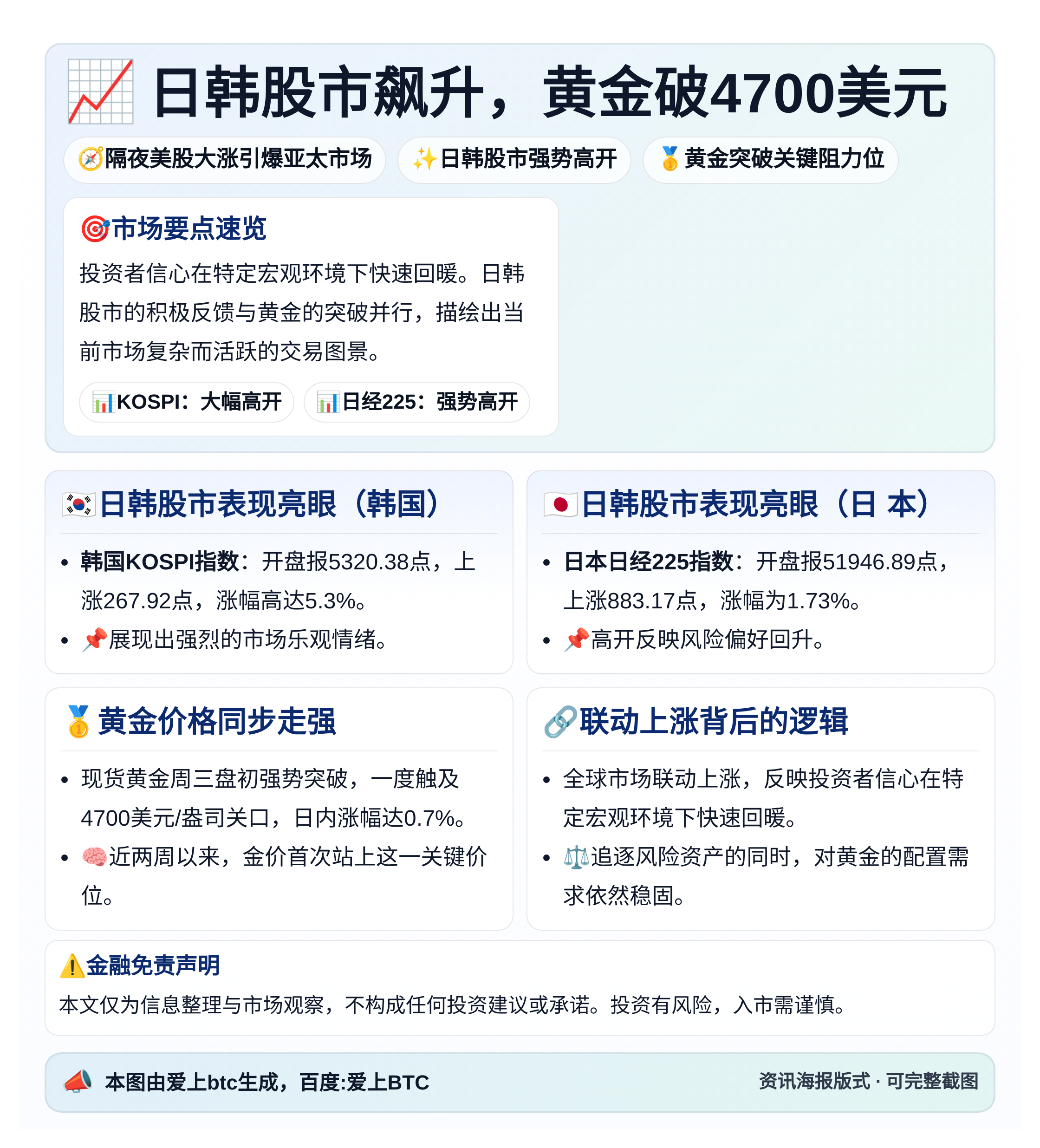 日韩股市飙升，黄金破4700美元