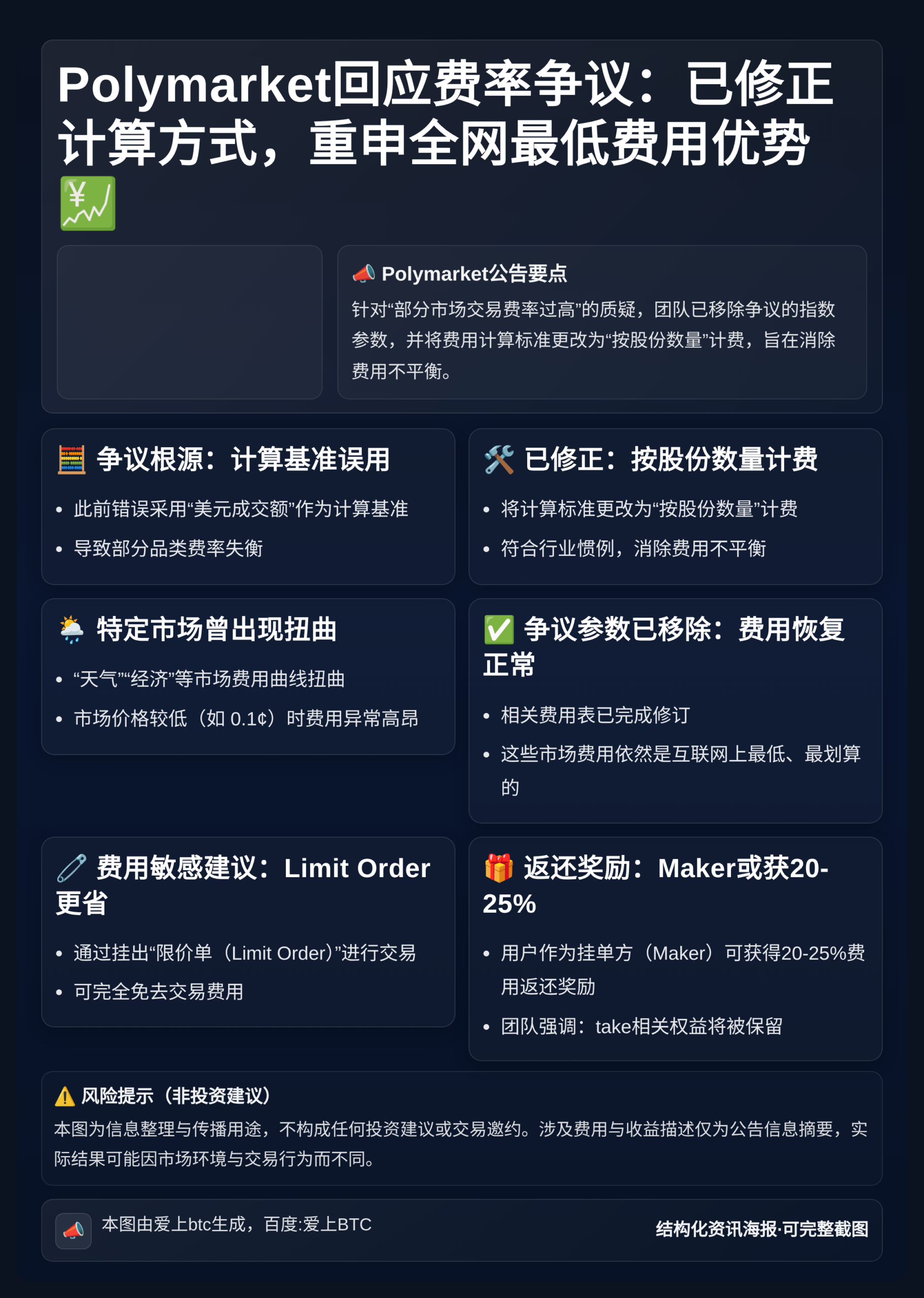 Polymarket回应费率争议：移除争议参数，保留take