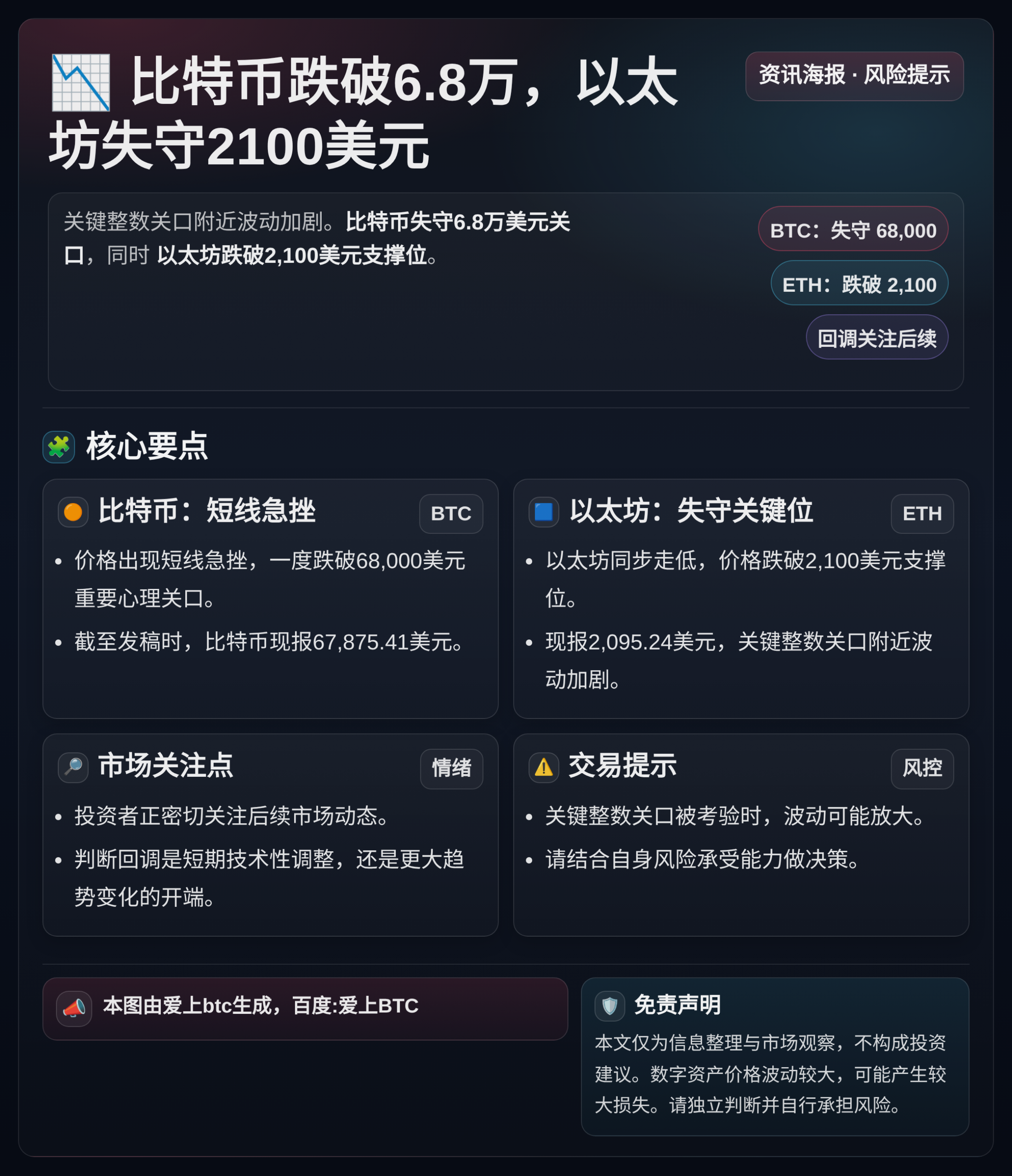 比特币跌破6.8万，以太坊失守2100美元