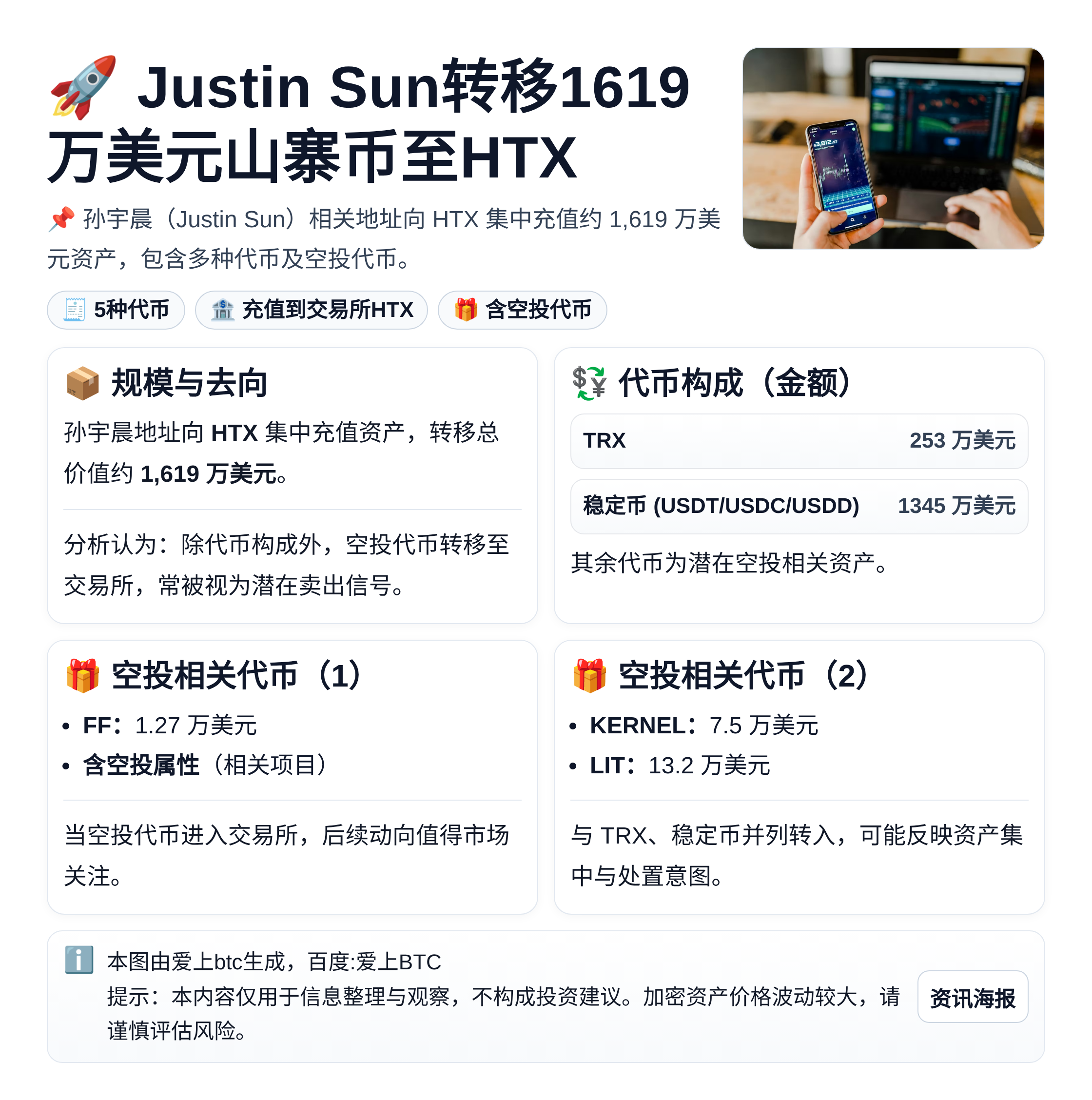 Justin Sun转移1619万美元山寨币至HTX