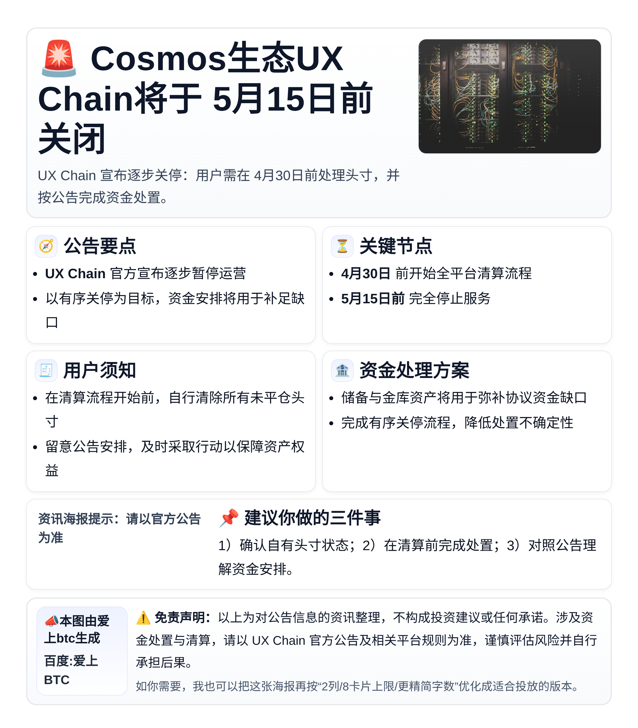 Cosmos生态UX Chain将于5月15日前关闭