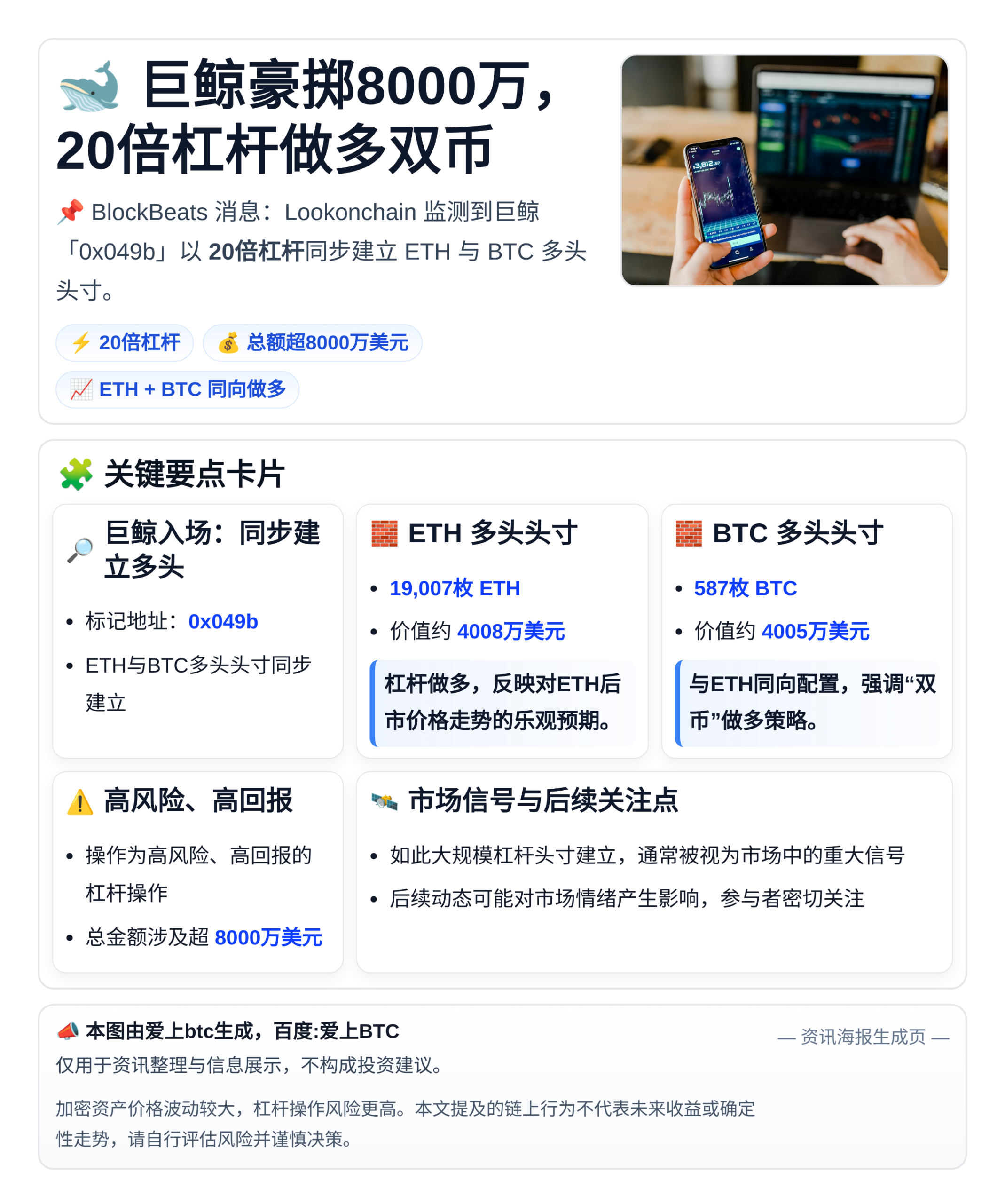 巨鲸豪掷8000万，20倍杠杆做多双币