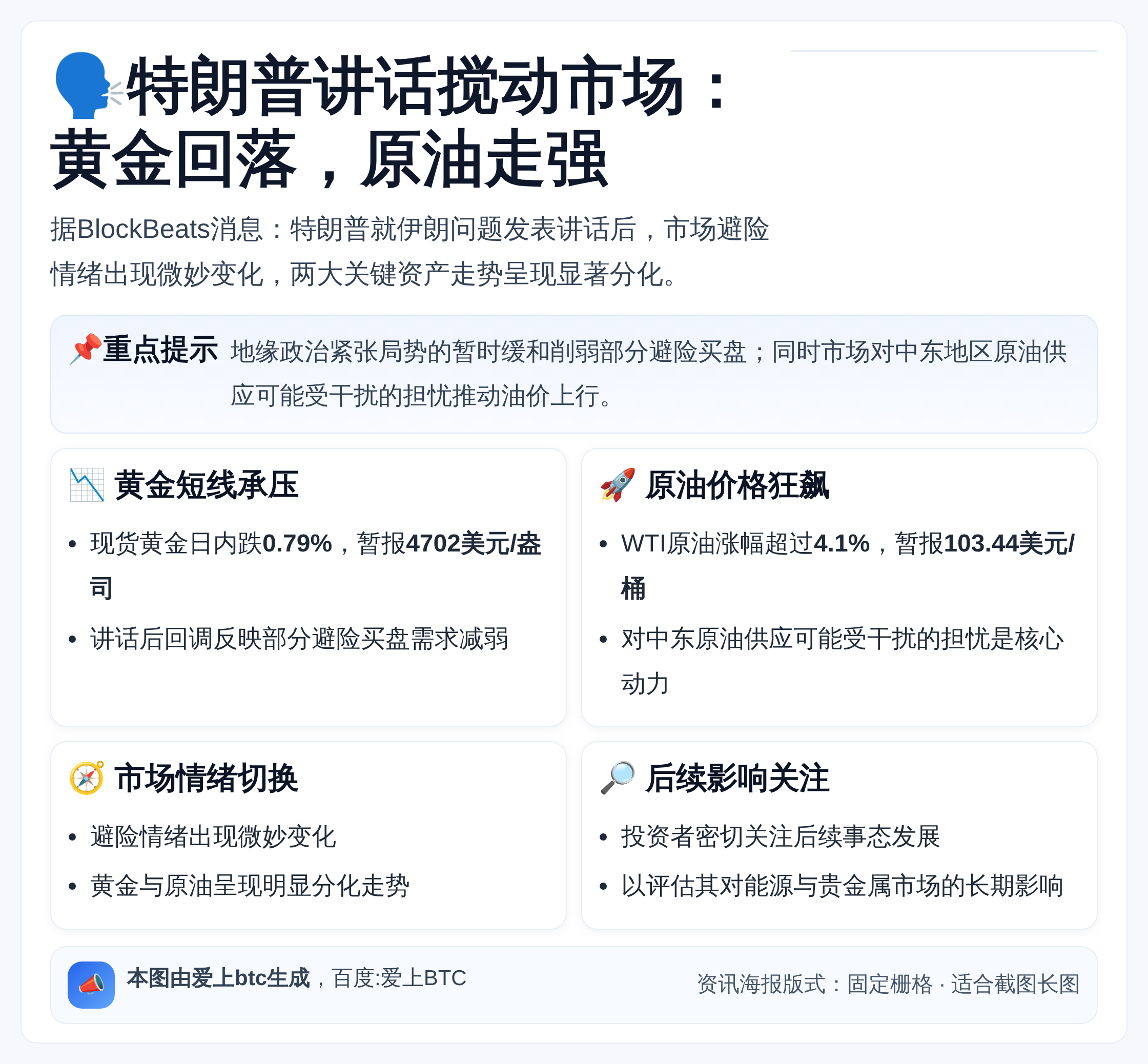 特朗普讲话后黄金跌0.79%，原油涨超4.1%