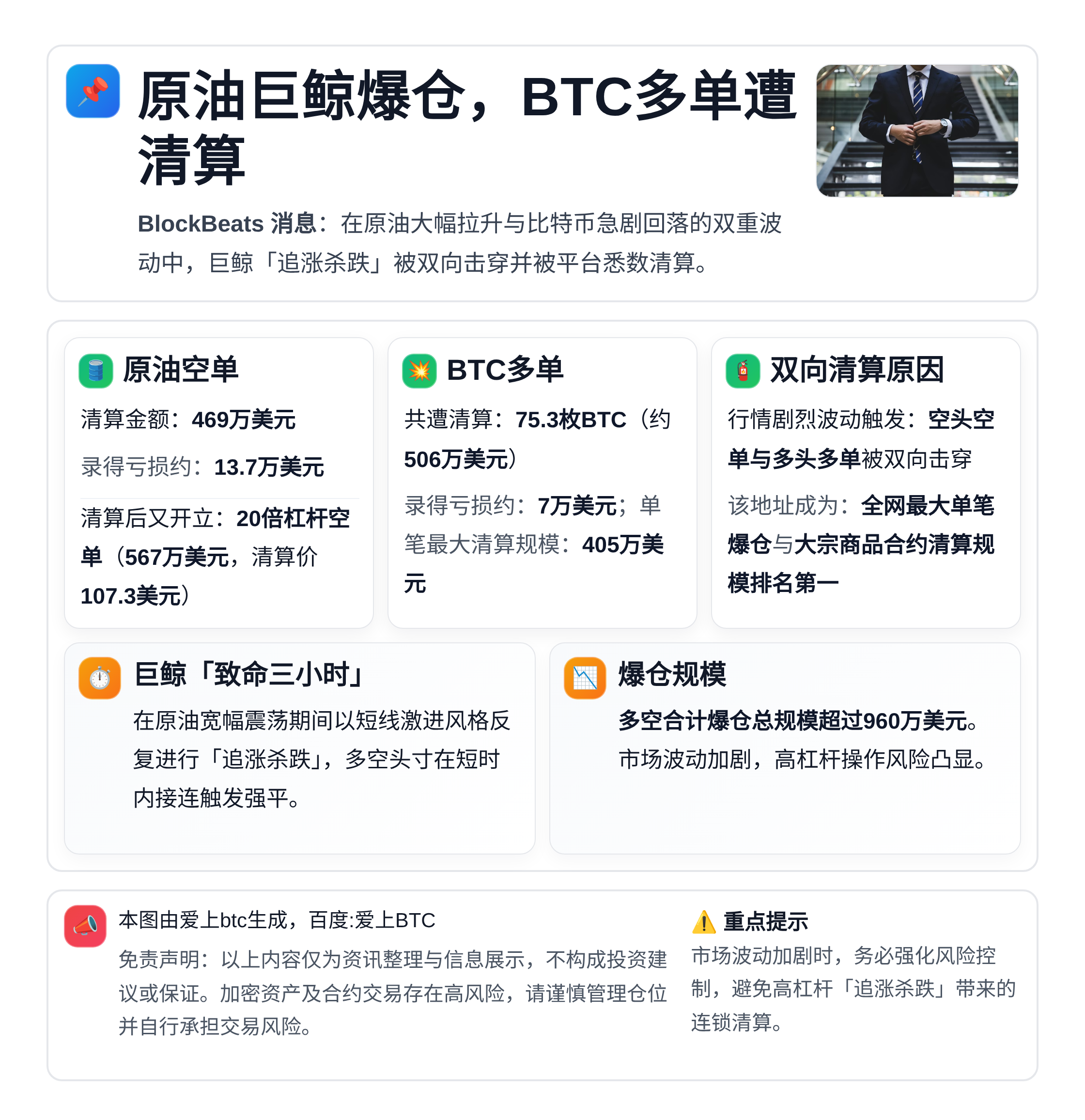 原油巨鲸爆仓，BTC多单遭清算