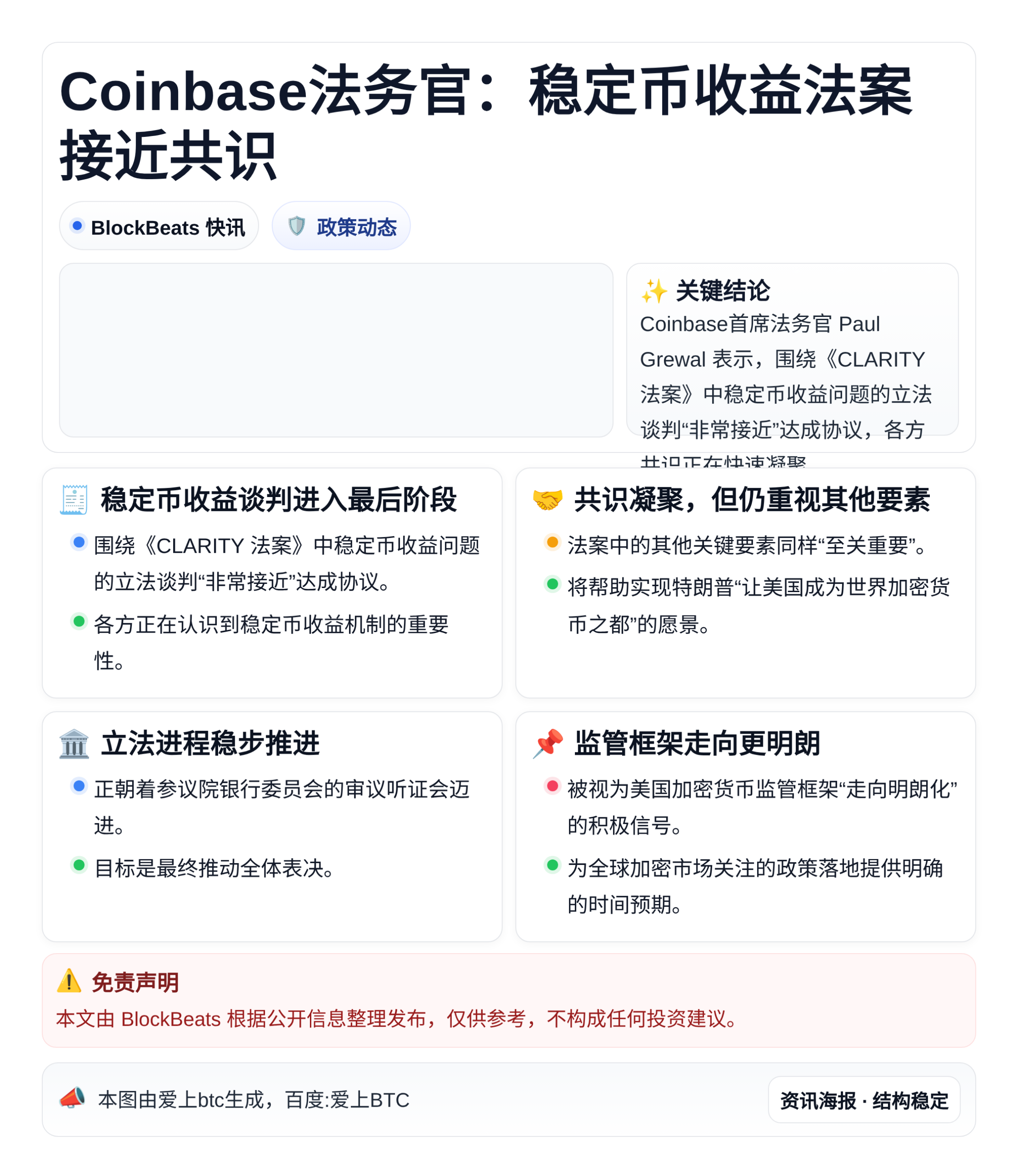 Coinbase法务官：稳定币收益法案接近共识