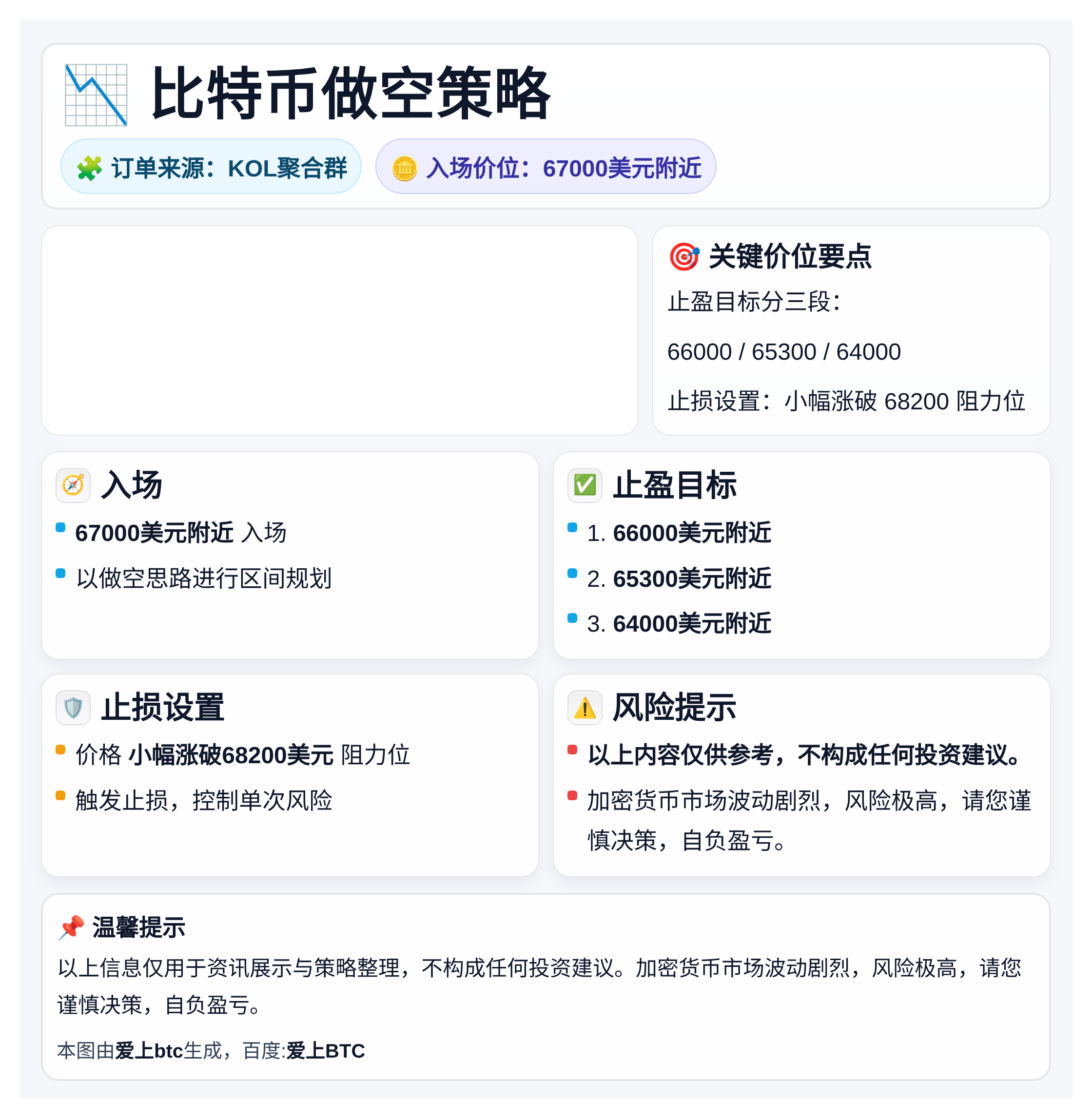 2026-04-02 14:31:19 比特币做空策略：67000入场，止盈66000/65300/64000，止损68200。