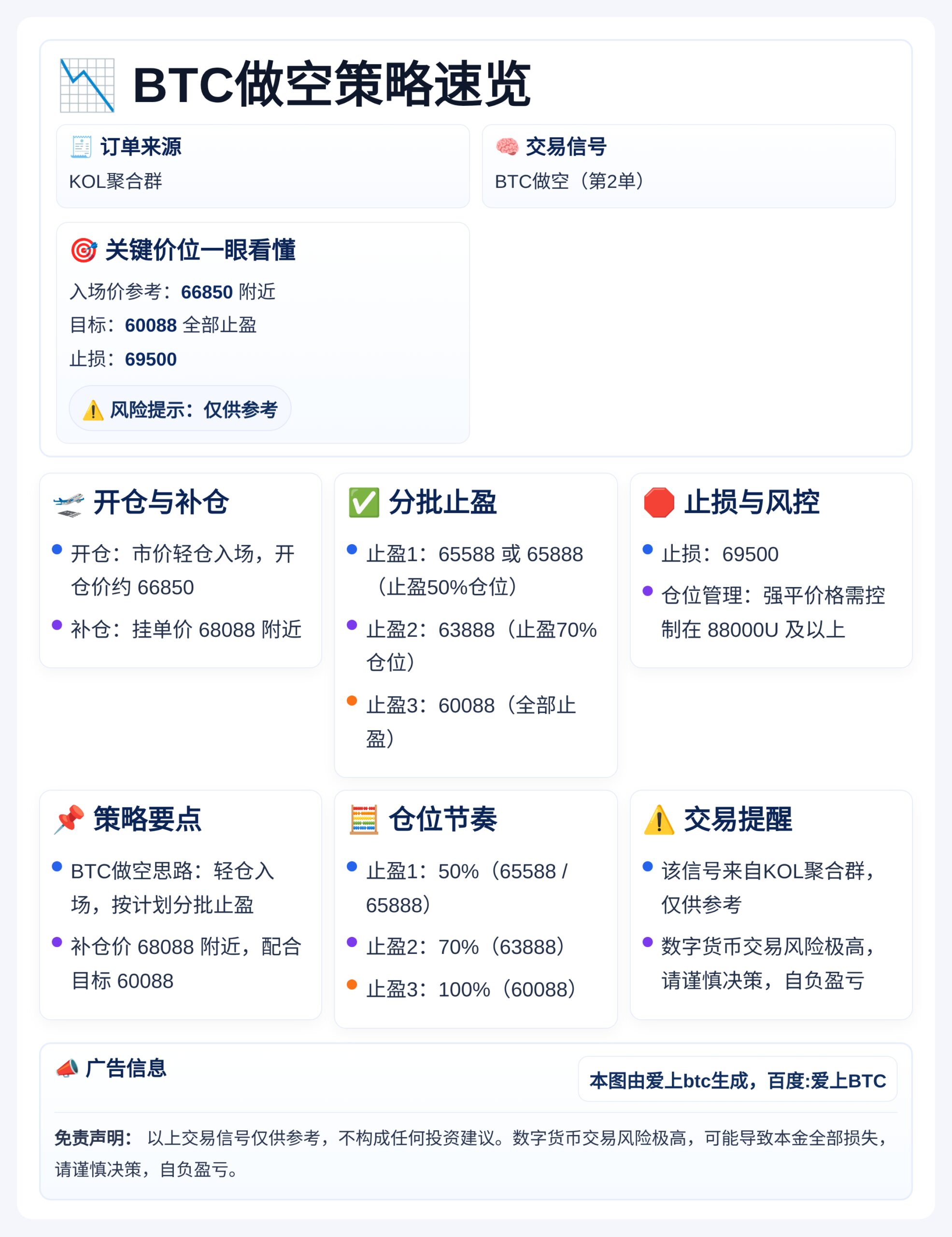 BTC做空策略：66850入场，目标60088，止损69500
