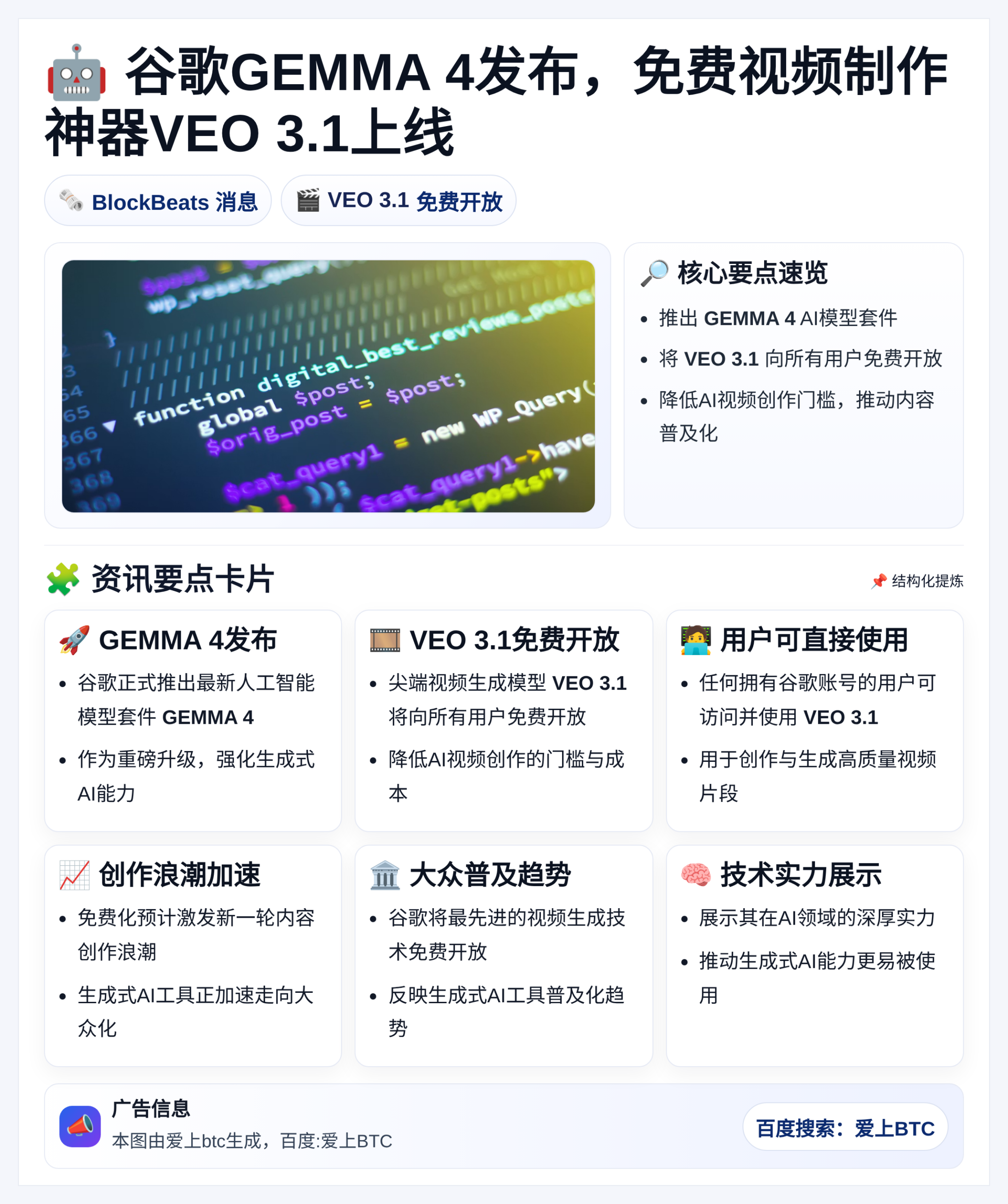 谷歌GEMMA 4发布，免费视频制作神器VEO 3.1上线