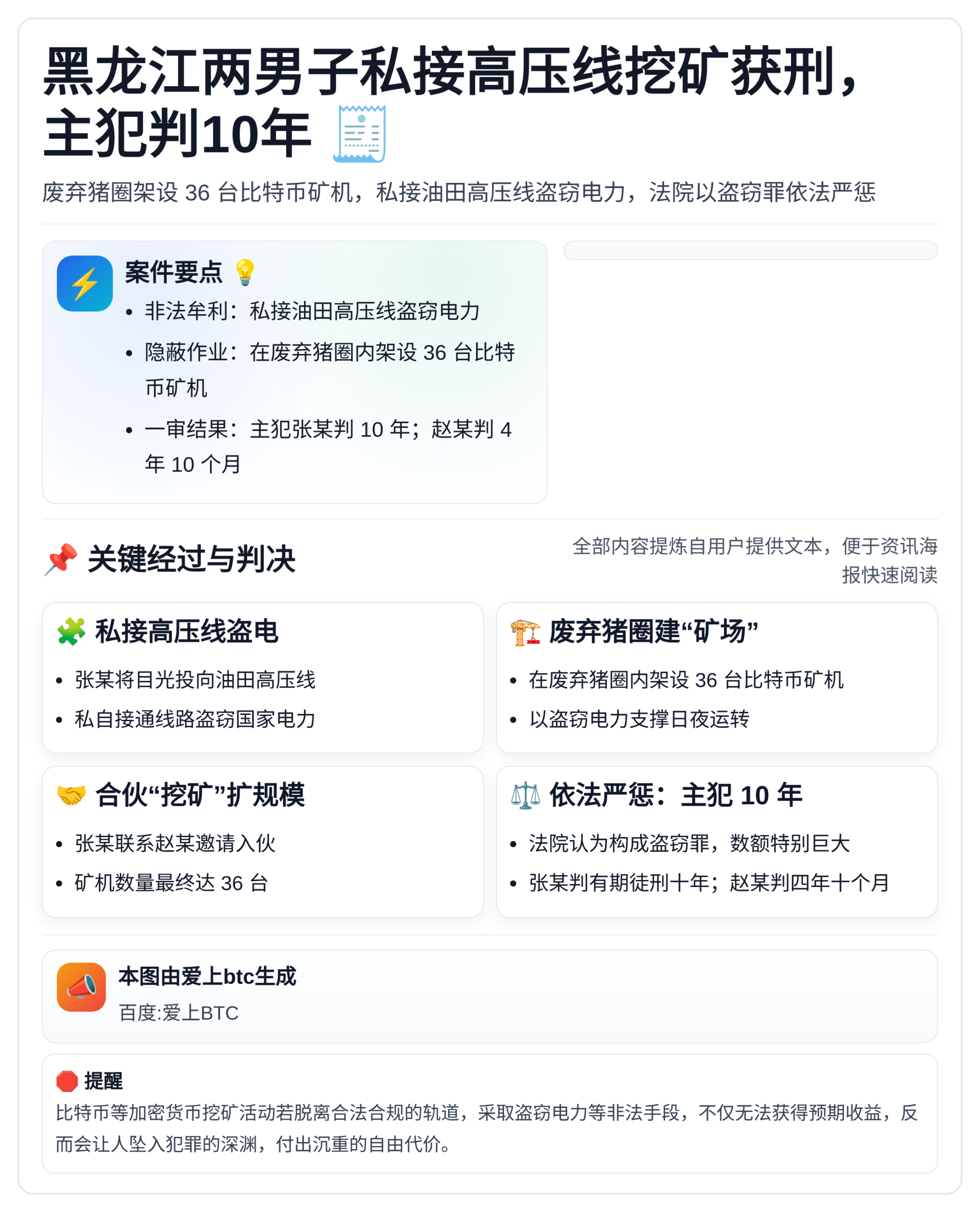 黑龙江两男子私接高压线挖矿获刑，主犯判10年