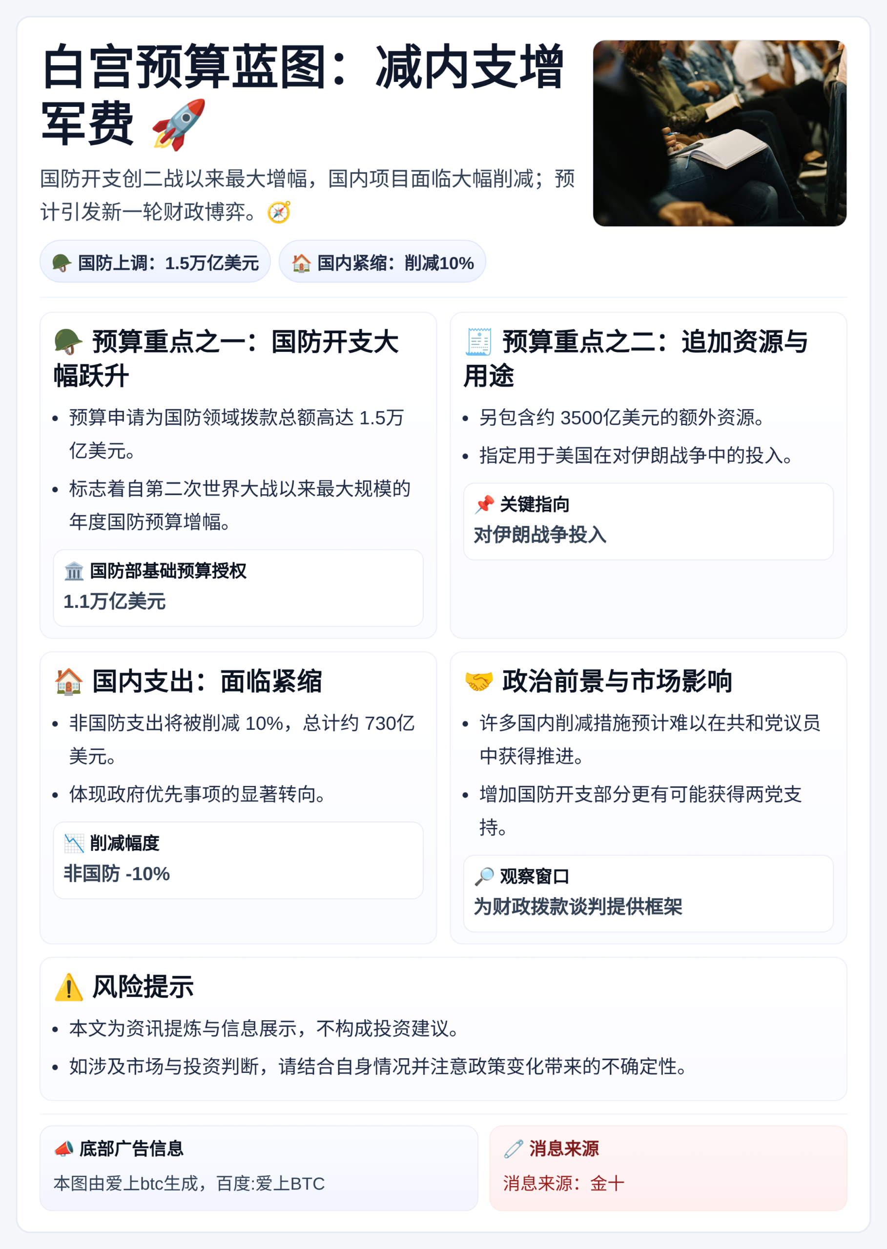 白宫预算：减内支增军费