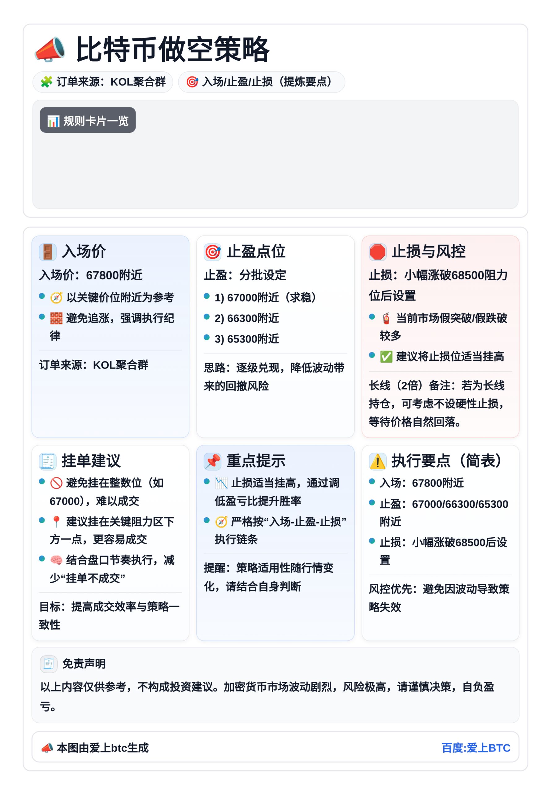 比特币做空策略：入场67800，止盈67000/66300/65300，止损68500