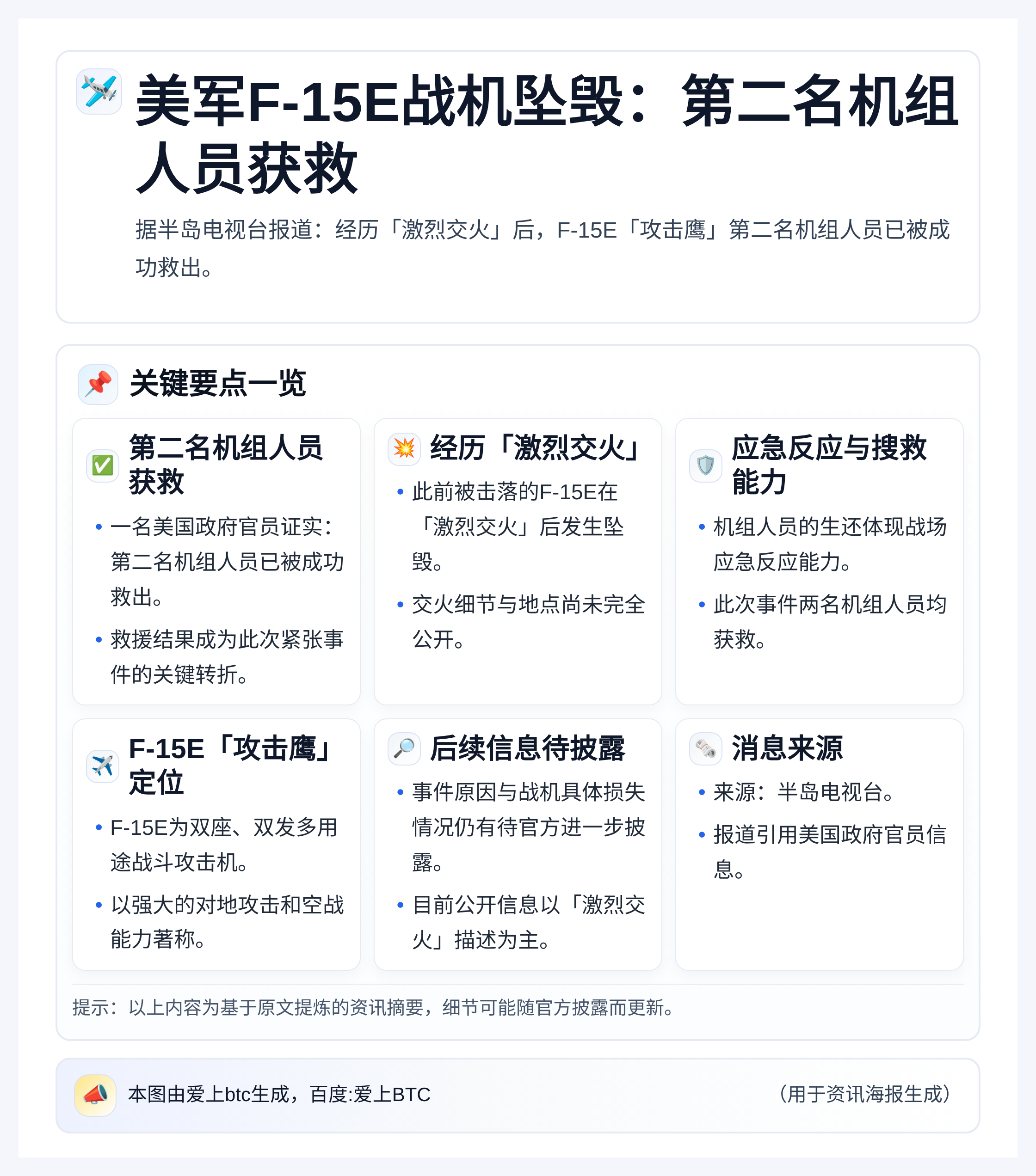 美军F-15E战机坠毁 第二名机组人员获救