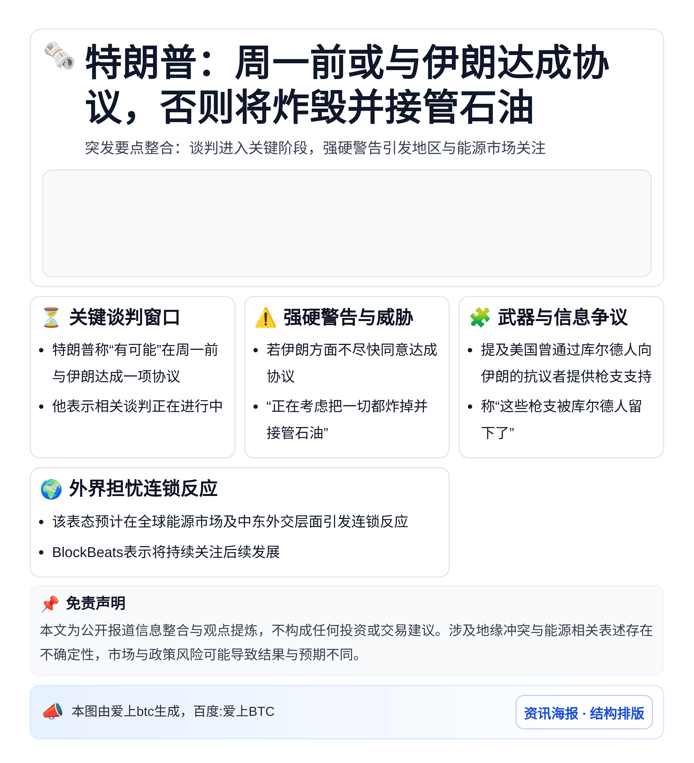 特朗普：周一前或与伊朗达成协议，否则将炸毁并接管石油