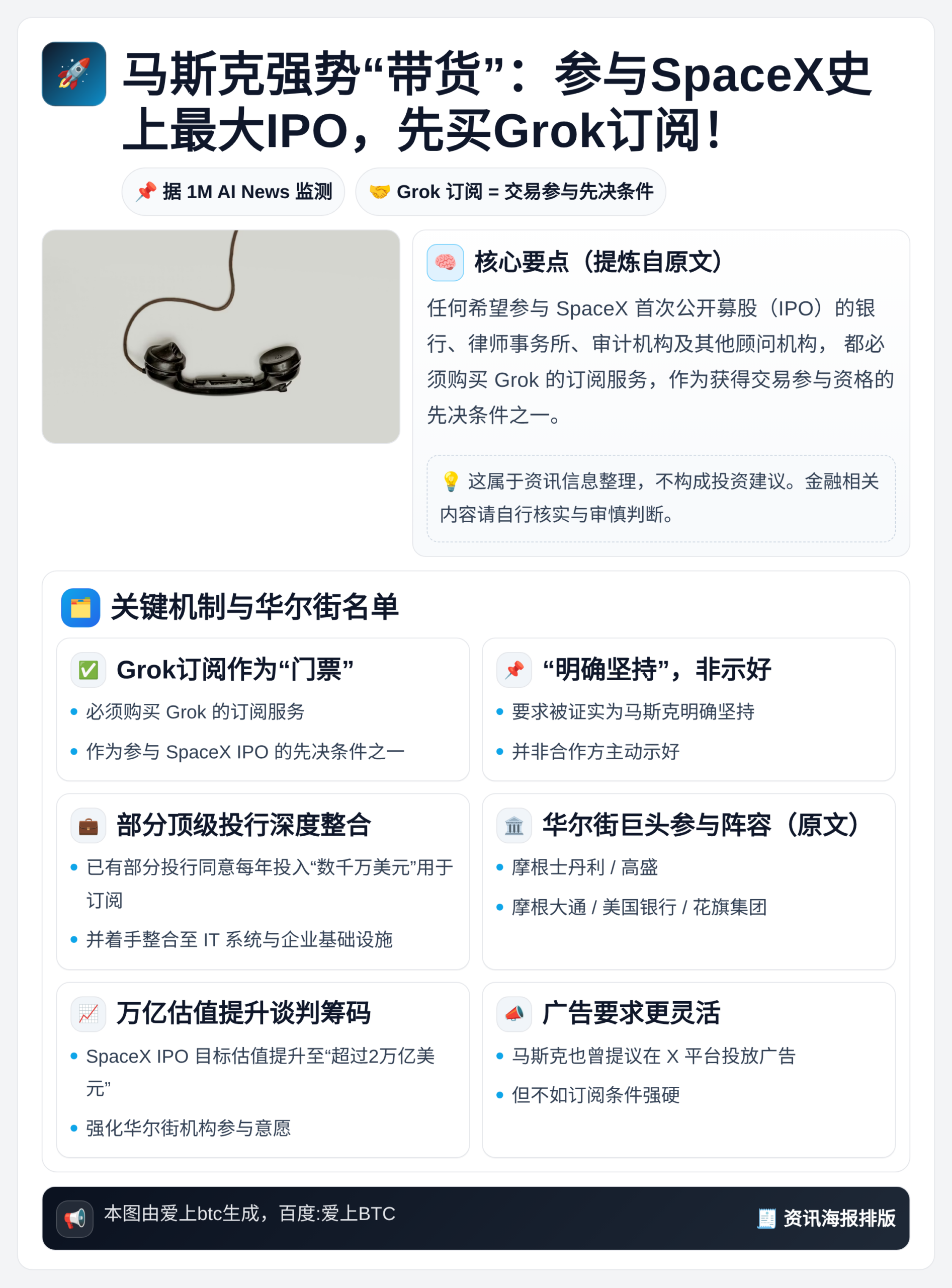 马斯克促SpaceX IPO参与方订阅并整合Grok