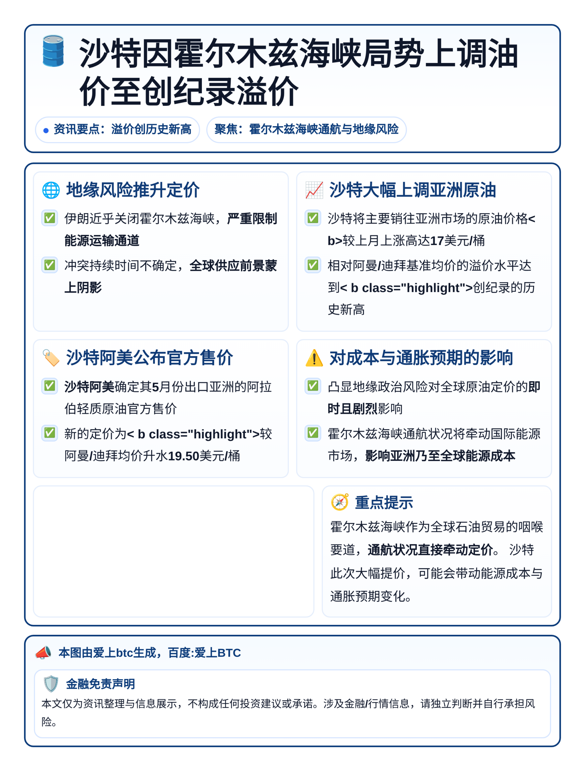 沙特因霍尔木兹海峡局势上调油价至创纪录溢价