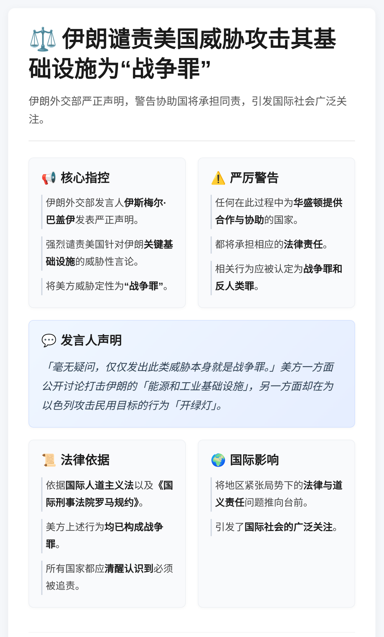 伊朗谴责美国威胁攻击其基础设施为“战争罪”